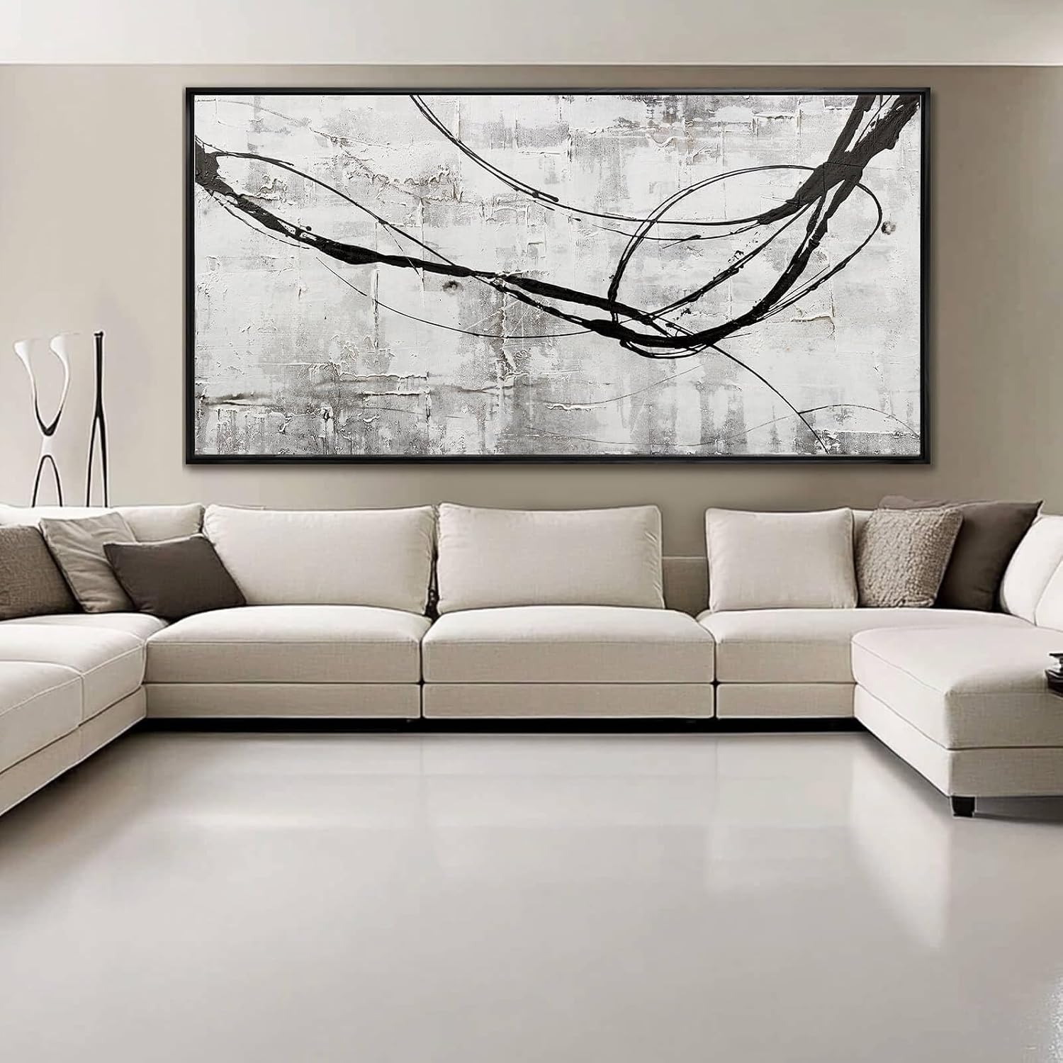 XIANSHOU Black Line Canvas Pictures Gray Decorative Painting 29'x58' Wood Wall Art Modern Art Prints Abstract Wall Art for Living Room Wall Pictures for Bedroom