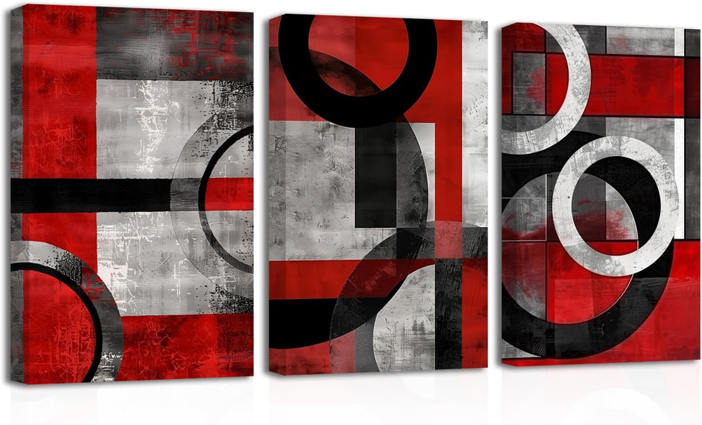 SWQYLB Black and Red Wall Art 3 Piece Abstract Line Black Gray Red Canvas Prints Minimalist Painting Modern Geometric Artwork for Office Decor Frame (24.00' x 36.00' x 3PCS)