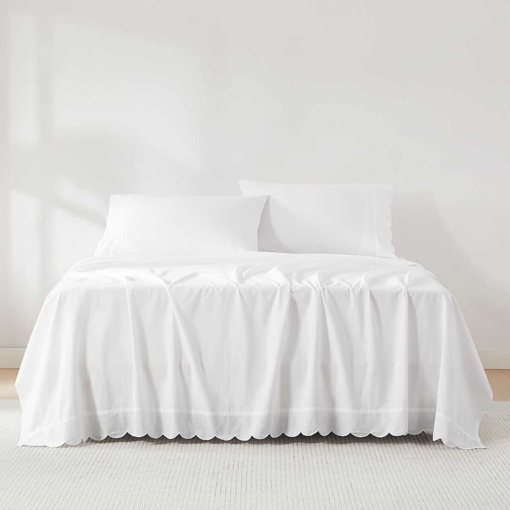Lush Decor Coastal Chic Scalloped Edge Cotton Sheet Set 4 Piece Set King White - White Sheets - Scallop Trim - Bed Sheets - Coastal Decor