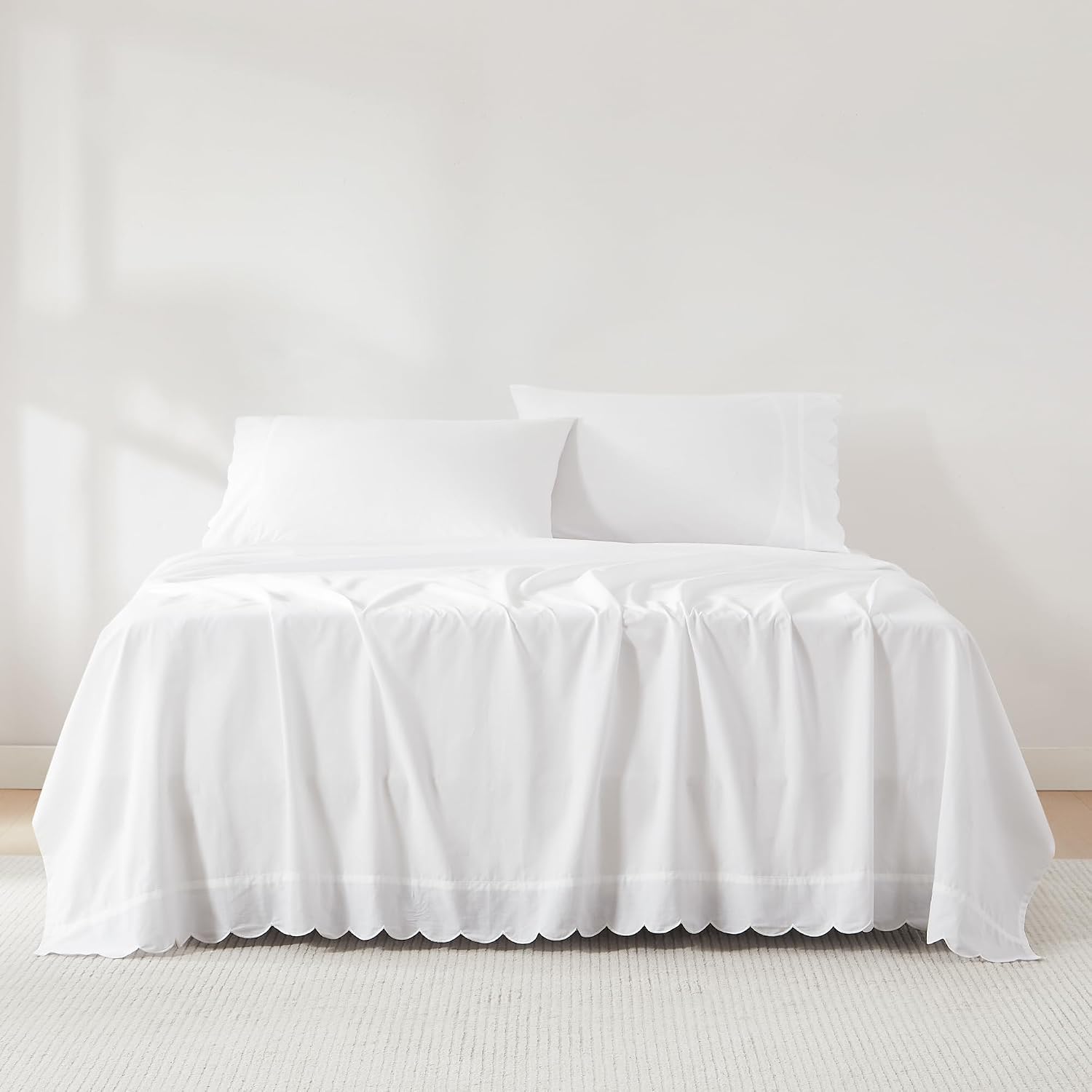 Lush Decor Coastal Chic Scalloped Edge Cotton Sheet Set 4 Piece Set Queen White - White Sheets - Scallop Trim - Bed Sheets - Coastal Decor