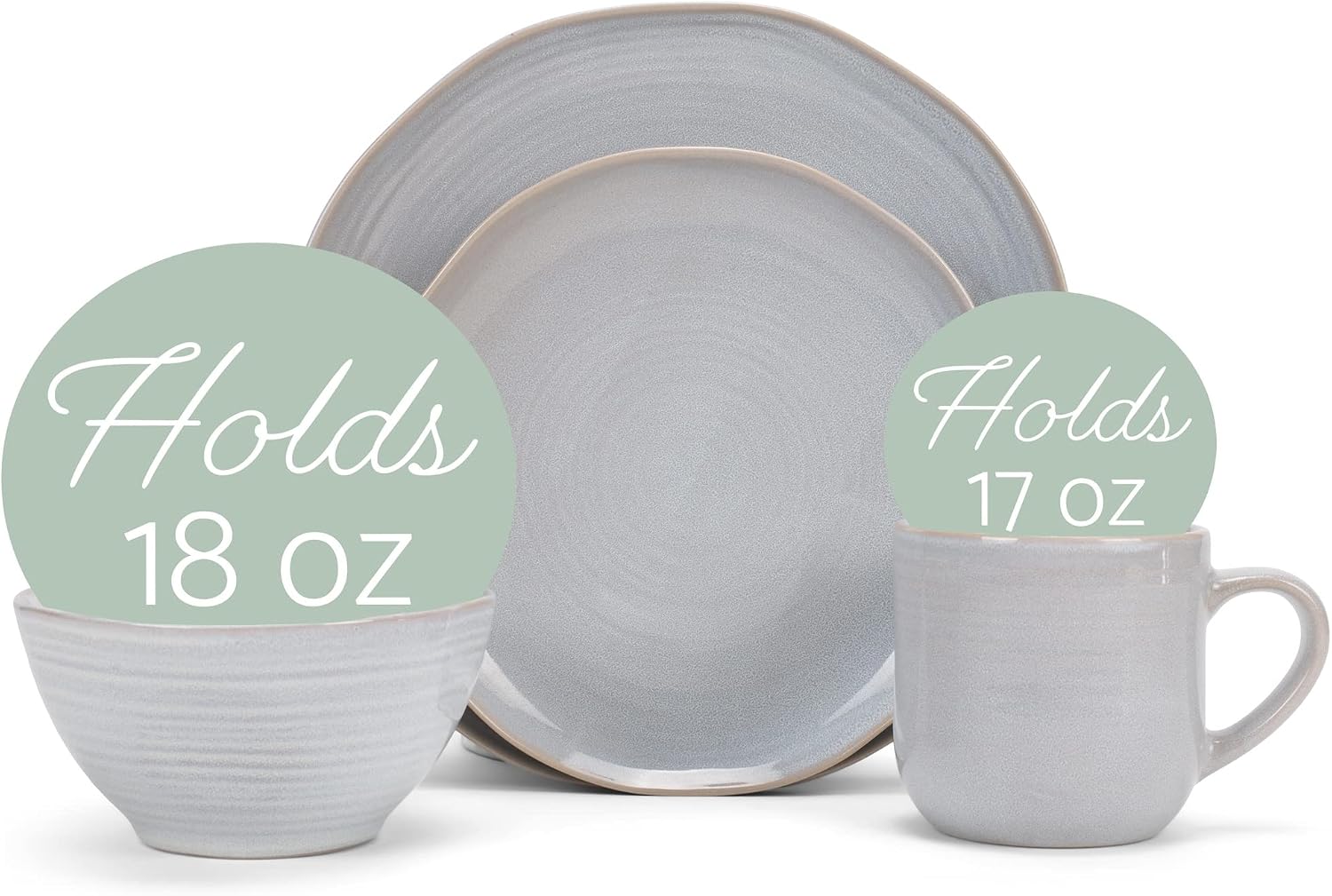 Elanze Designs Reactive Glaze Farmhouse Rustic Boho Ceramic Stoneware Dinnerware 16 Piece Plate Bowl Mug Dish Set - Service for 4, Pale Grey