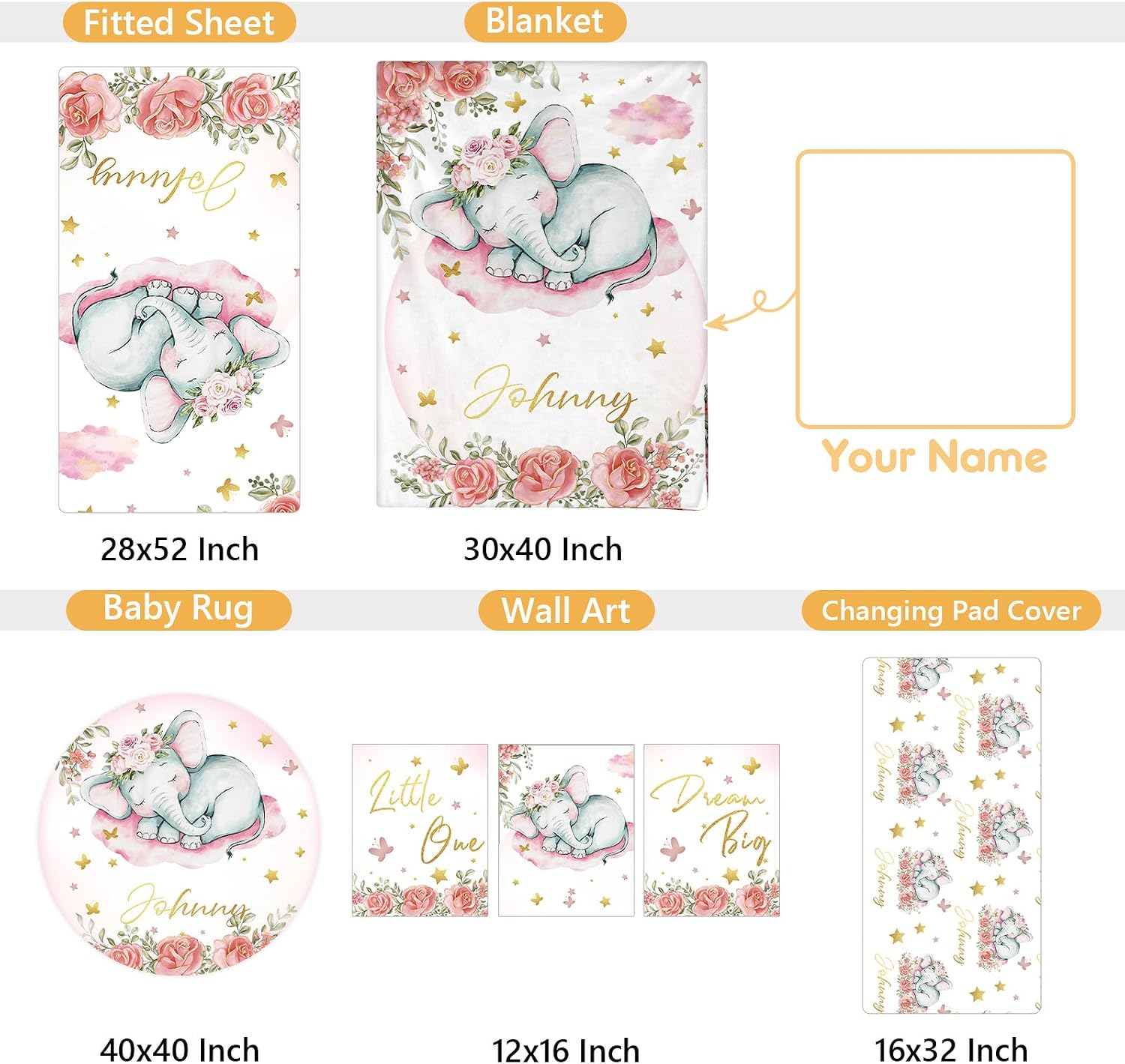 Terwex Custom Baby Crib Bedding Set, 5 Pcs Personalized Name Baby Crib Sets for Infant Toddler, Floral Elephant Nursery Bedding Set for Baby Girls, Double Layer Baby Bedding Sets Customized Gifts