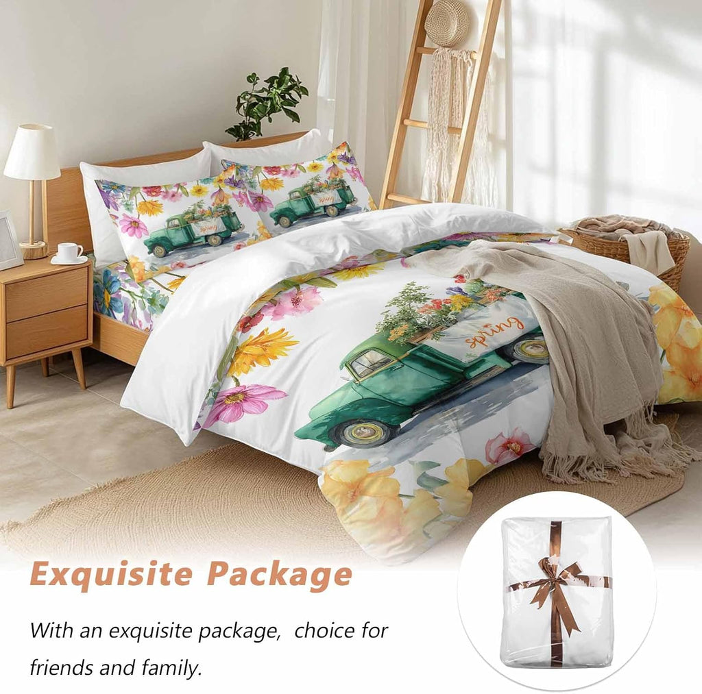 Spring Floral Duvet Cover Set Queen Size 4 Pieces Oil Painting Flower Watercolor Farm Light Blue Truck Bedding Set with Zipper Closure, 1 Comforter Cover 86x86 Inches 1 Flat Sheet & 2 Pillow Cases