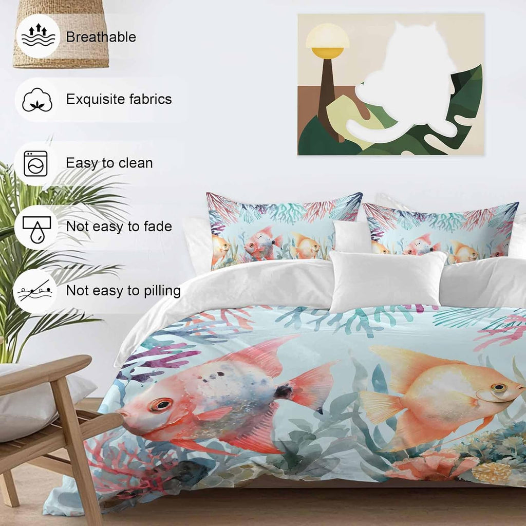 Summer Fish Duvet Cover Set Queen Size 4 Pieces Nautical Watercolor Orange Red Marine Life Coral Seaweed Bedding Set with Zipper Closure, 1 Comforter Cover 86x86 Inches 1 Flat Sheet & 2 Pillow Cases