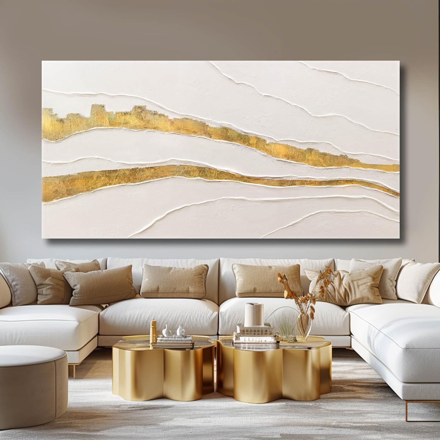 VAYIMDH Canvas Abstract Art White Large Wall Decorations for Living Room Gold Foil Abstract Wall Hanging Oil Painting for Office 29'x 58' Home Decor
