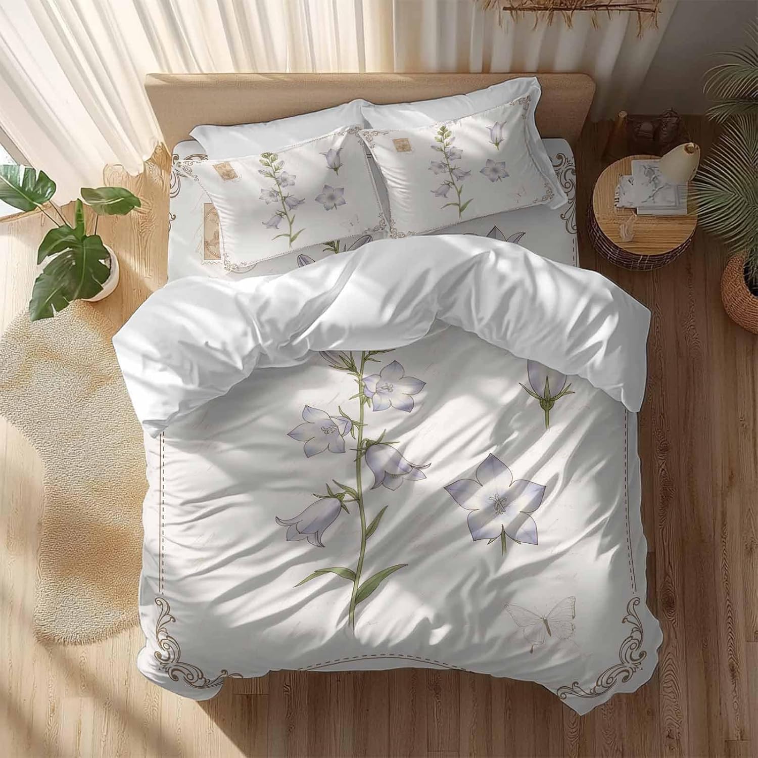 Purple Bellflowers Duvet Cover Set Queen Size 4 Pieces Country Pastoral Watercolor Flowers Green Leaf Bedding Set with Zipper Closure, 1 Comforter Cover 86x86 Inches 1 Flat Sheet & 2 Pillow Cases