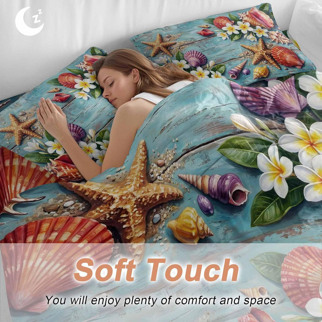 Ocean Beach Duvet Cover Set Queen Size 4 Pieces Summer Starfish Shell Flowers Leaf Blue Wooden Bedding Set with Zipper Closure, 1 Comforter Cover 86x86 Inches 1 Flat Sheet & 2 Pillow Cases