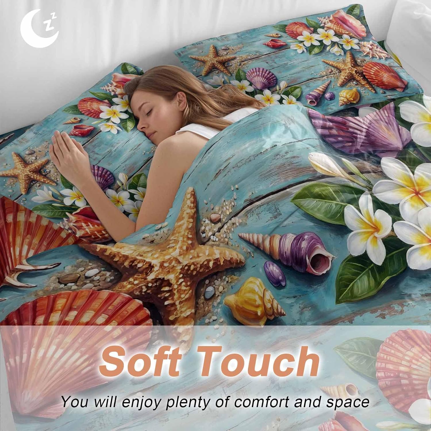 Ocean Beach Duvet Cover Set Queen Size 4 Pieces Summer Starfish Shell Flowers Leaf Blue Wooden Bedding Set with Zipper Closure, 1 Comforter Cover 86x86 Inches 1 Flat Sheet & 2 Pillow Cases