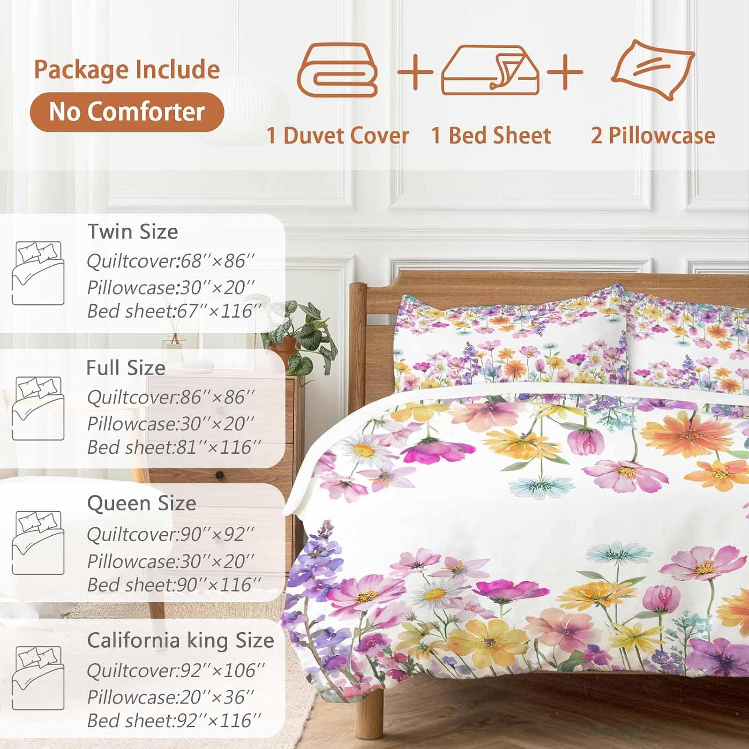 Spring Floral Duvet Cover Set Queen Size 4 Pieces Romantic Colorful Flowers Watercolor Country Leaf Bedding Set with Zipper Closure, 1 Comforter Cover 86x86 Inches 1 Flat Sheet & 2 Pillow Cases