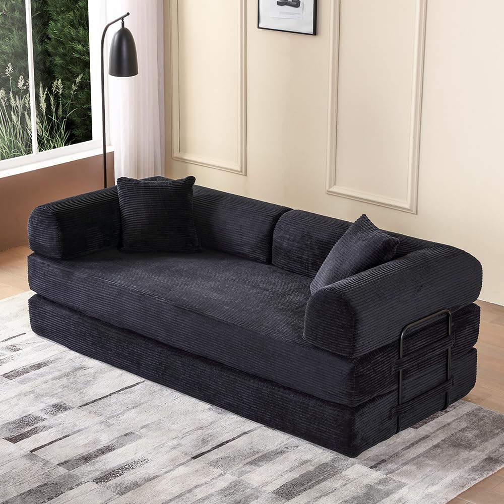 WILLIAMSPACE 77.9' Modern Loveseat Sofa Fold-Out Sofa Bed, Convertible Chair Floor Couch with Removable Backrest, Comfy Sofa Folding Mattress Couch Bed for Living Room, Bedroom, Corduroy, Black