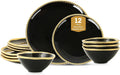 Christian Siriano Akoya Porcelain Dinnerware Set, 12-Piece - Dish Set for 4, Plates and Bowls Set, Black and Gold