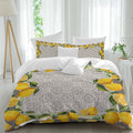 Yellow Lemon Duvet Cover Set Queen Size 4 Pieces Watercolor Fruit Farm Brown Flower Pattern Background Bedding Set with Zipper Closure, 1 Comforter Cover 86x86 Inches 1 Flat Sheet & 2 Pillow Cases