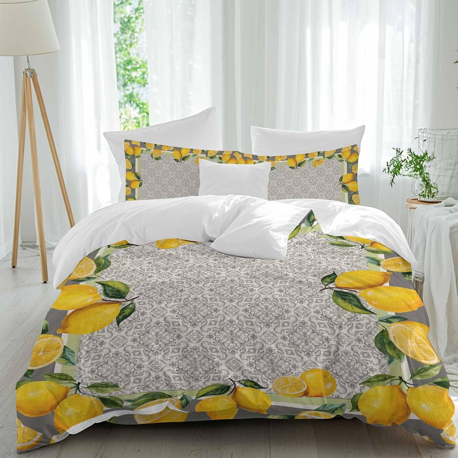 Yellow Lemon Duvet Cover Set Queen Size 4 Pieces Watercolor Fruit Farm Brown Flower Pattern Background Bedding Set with Zipper Closure, 1 Comforter Cover 86x86 Inches 1 Flat Sheet & 2 Pillow Cases
