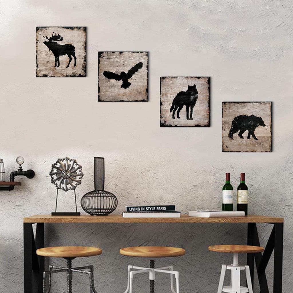 Wild Animal Silhouette Canvas Wall Art Decor Elk Wolf Bear Eagle Prints Painting 24 x 24 Inch Peeling Paint Wood Texture Background for Bathroom Living Room Decoration Kids Nursery set of 4 Panels
