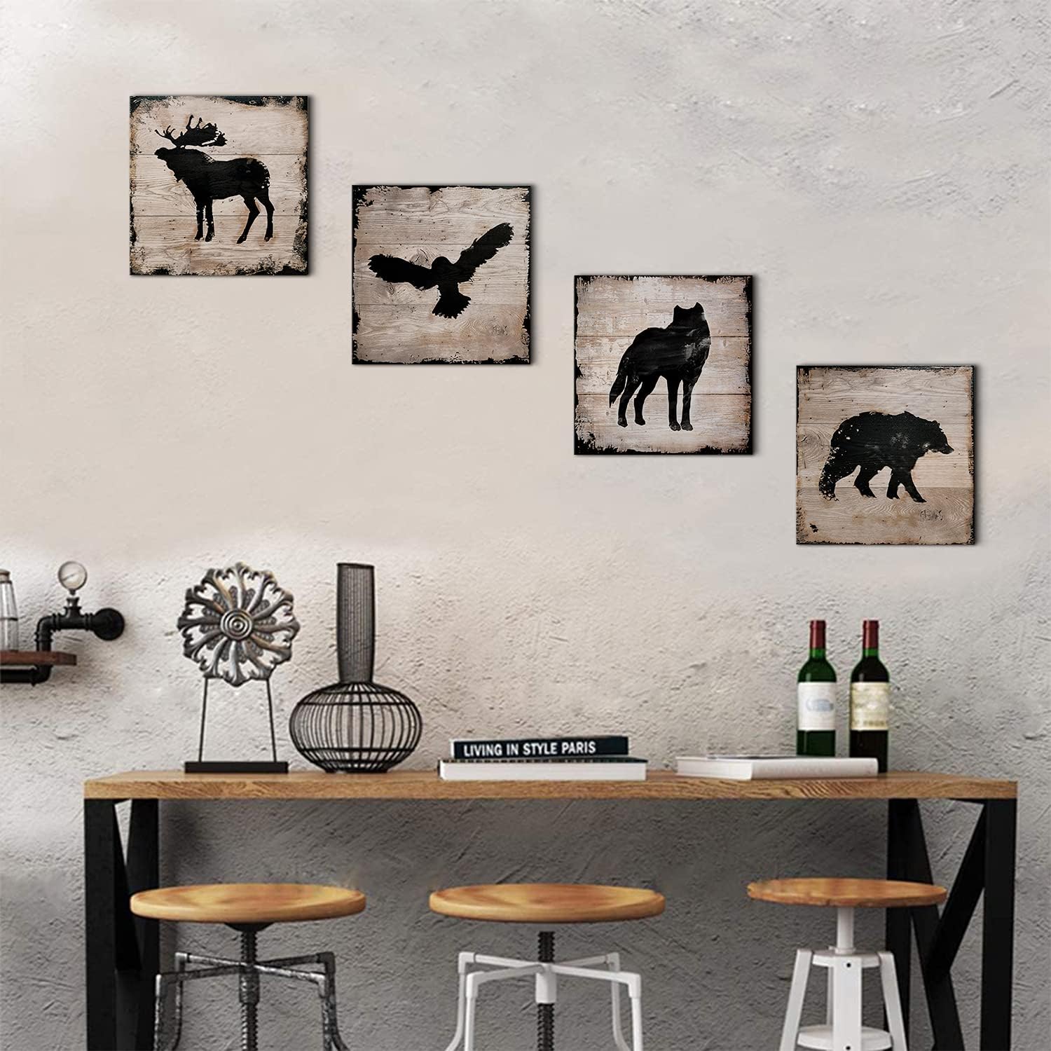 Wild Animal Silhouette Canvas Wall Art Decor Elk Wolf Bear Eagle Prints Painting 24 x 24 Inch Peeling Paint Wood Texture Background for Bathroom Living Room Decoration Kids Nursery set of 4 Panels