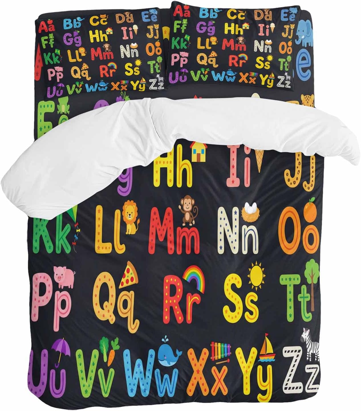 Alphabet Duvet Cover Set Queen Size 4 Pieces American Cartoon Early Education Alphabet Minimalist Mural Bedding Set with Zipper Closure, 1 Comforter Cover 90x92 Inches 1 Flat Sheet & 2 Pillow Cases