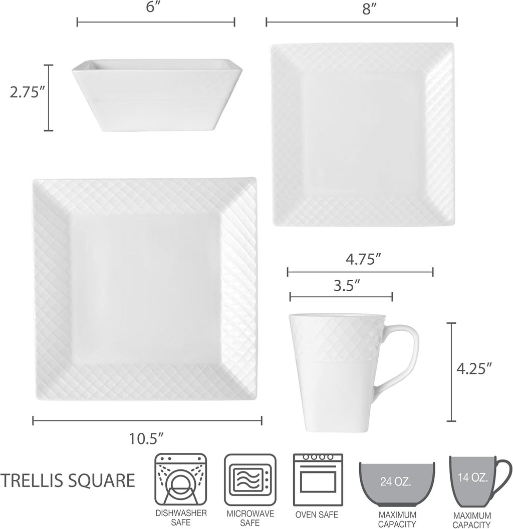 Trellis White Square 16 Piece Dinnerware Set, Service For 4