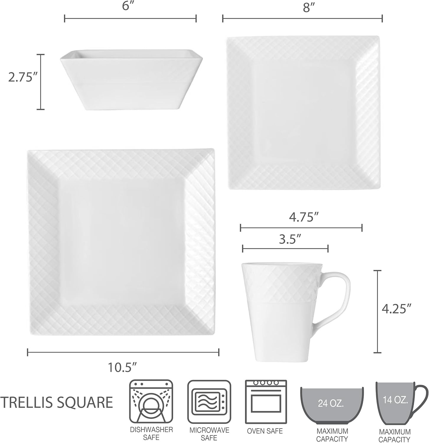 Trellis White Square 16 Piece Dinnerware Set, Service For 4