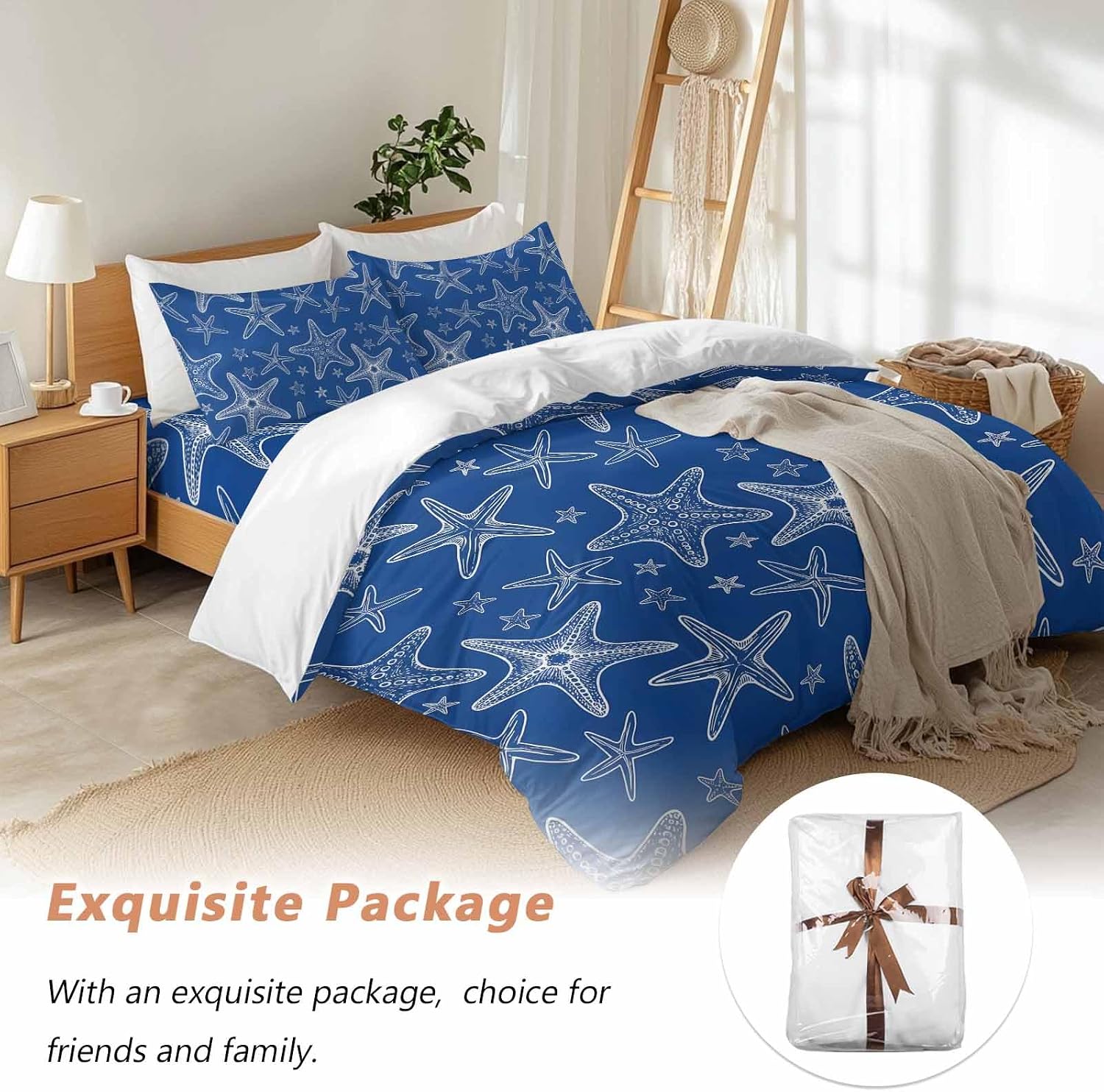 Summer Beach Blue Starfish Duvet Cover Set Queen Size 4 Pieces Modern Nautical Coastal Ocean Marine Life Bedding Set with Zipper Closure, 1 Comforter Cover 86x86 Inches 1 Flat Sheet & 2 Pillow Cases