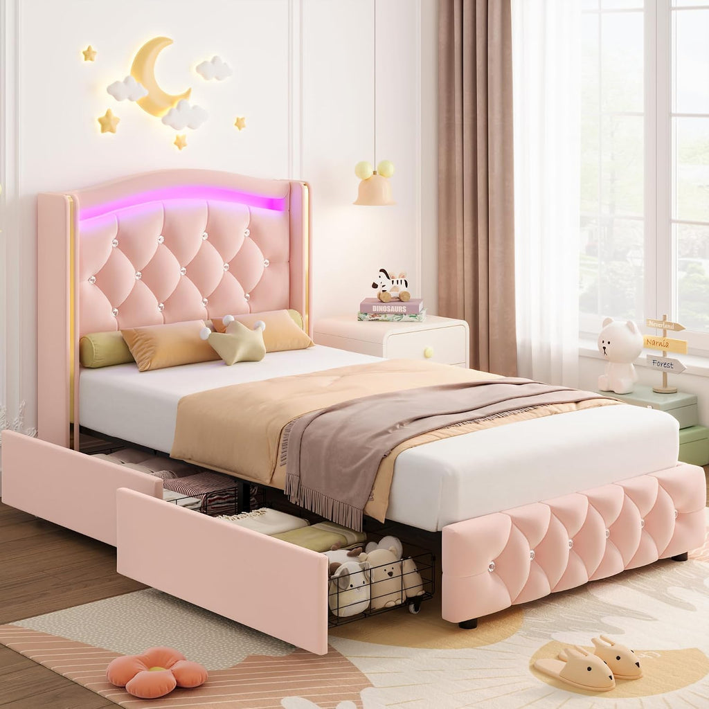 HIFIT Upholstered Twin LED Bed Frame with Crystal Button-Tufted Headboard and 4 Storage Drawers, Velvet Princess Twin Size Platform Bed Frames for Kids/Girls, No Box Spring Needed, Easy Assembly, Pink