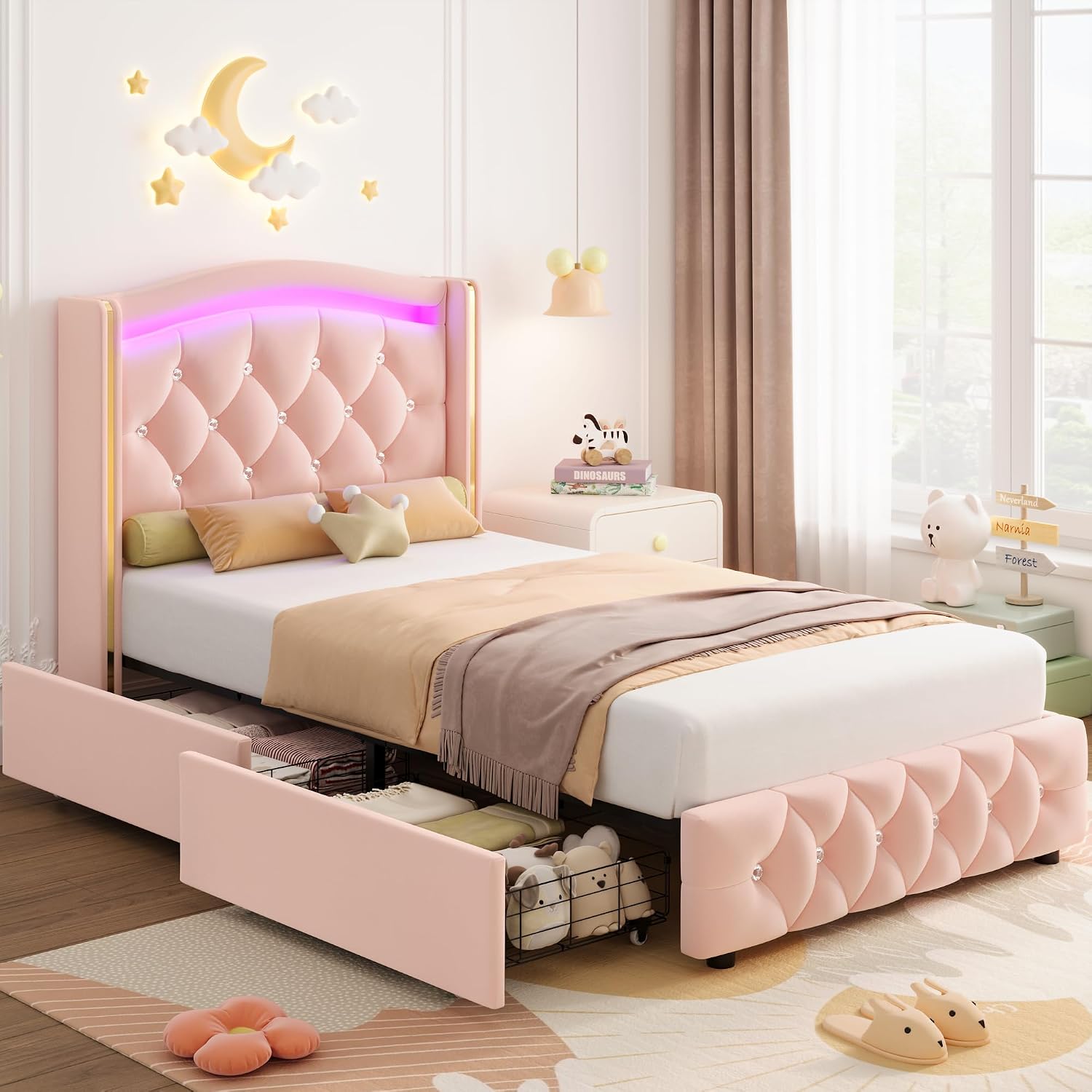 HIFIT Upholstered Twin LED Bed Frame with Crystal Button-Tufted Headboard and 4 Storage Drawers, Velvet Princess Twin Size Platform Bed Frames for Kids/Girls, No Box Spring Needed, Easy Assembly, Pink