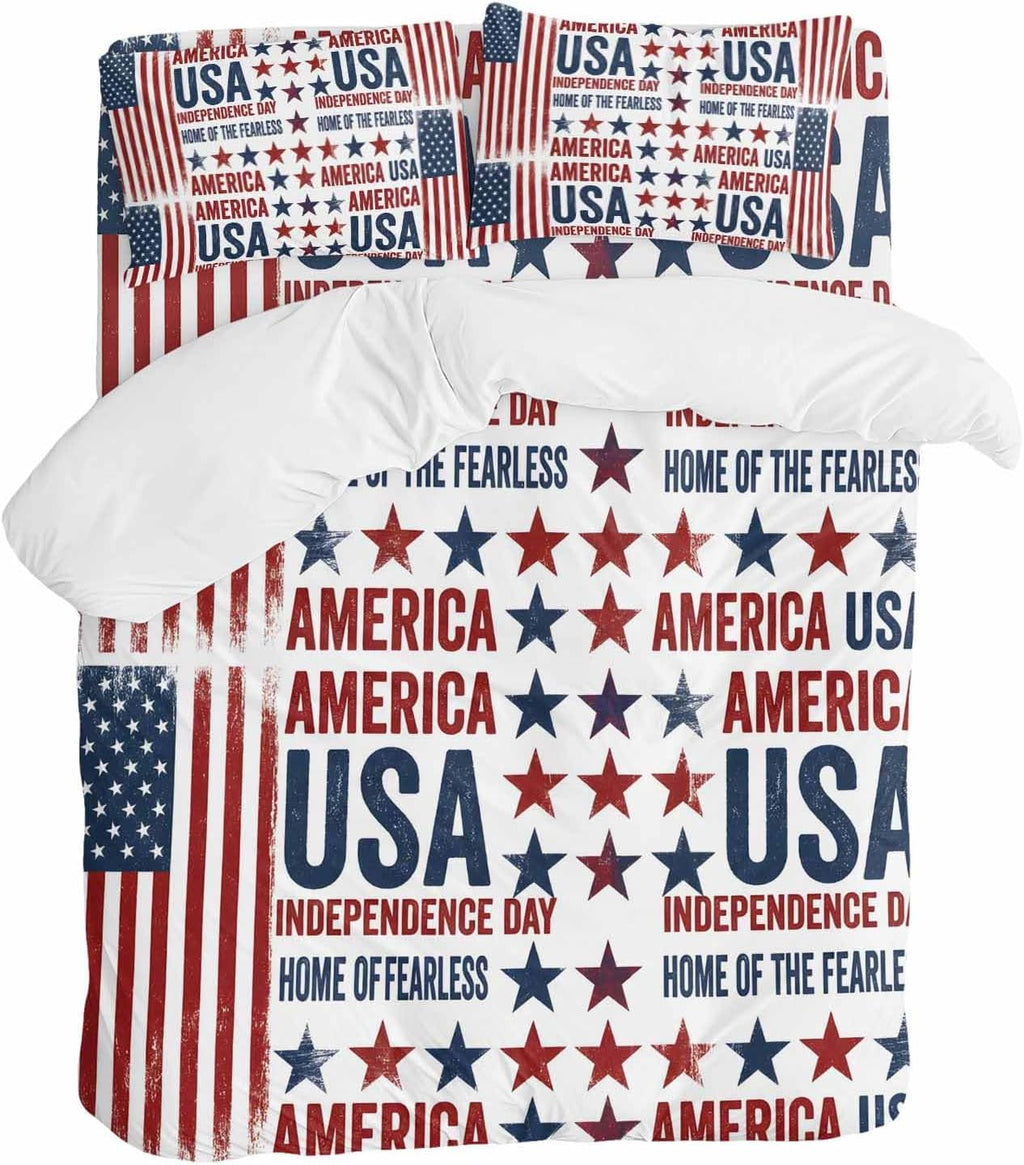 Independence Day Duvet Cover Set Queen Size 4 Pieces Retro American USA Flag Red Stripes Abstract Bedding Set with Zipper Closure, 1 Comforter Cover 90x92 Inches 1 Flat Sheet & 2 Pillow Cases