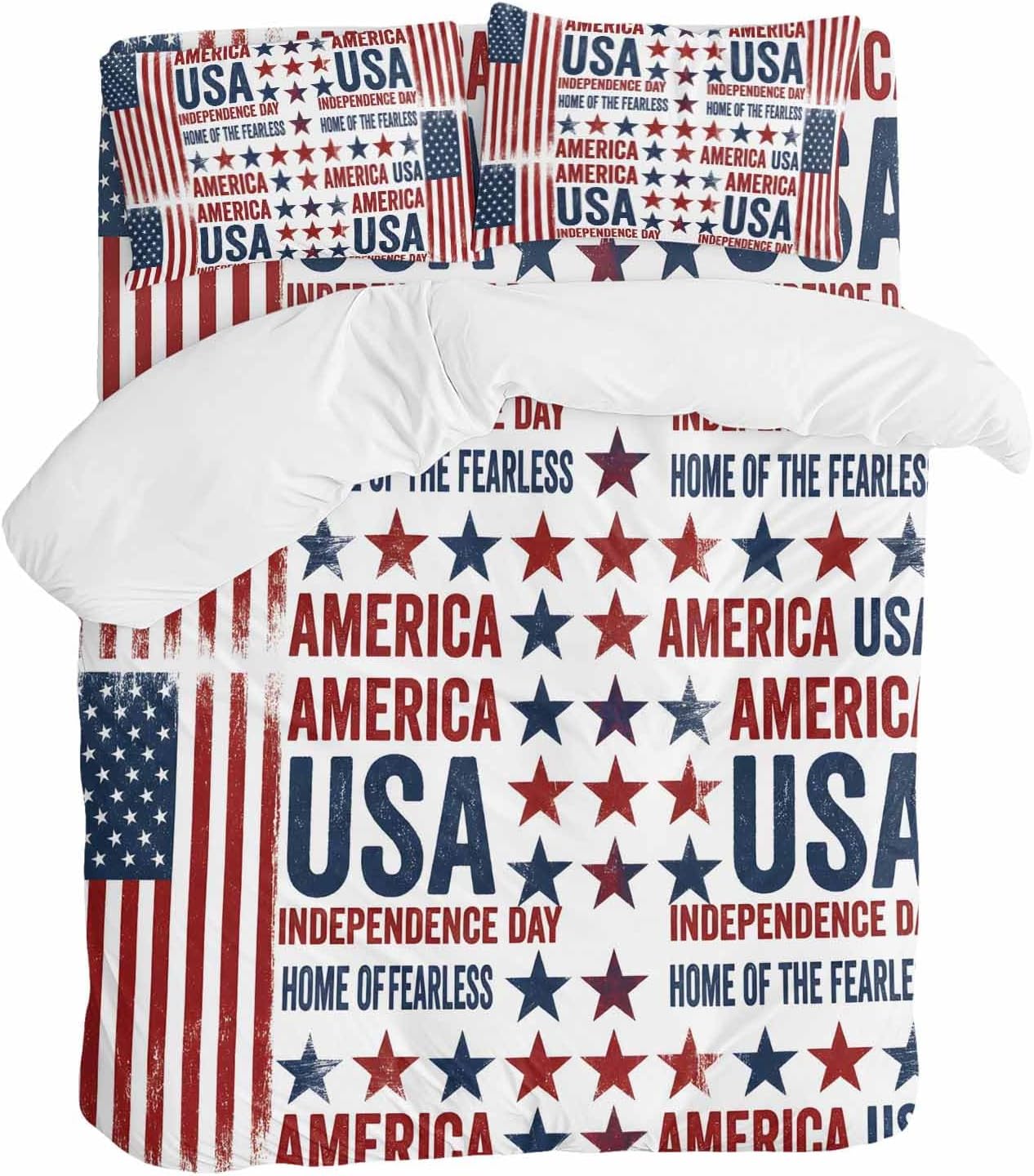 Independence Day Duvet Cover Set Queen Size 4 Pieces Retro American USA Flag Red Stripes Abstract Bedding Set with Zipper Closure, 1 Comforter Cover 92x106 Inches 1 Flat Sheet & 2 Pillow Cases