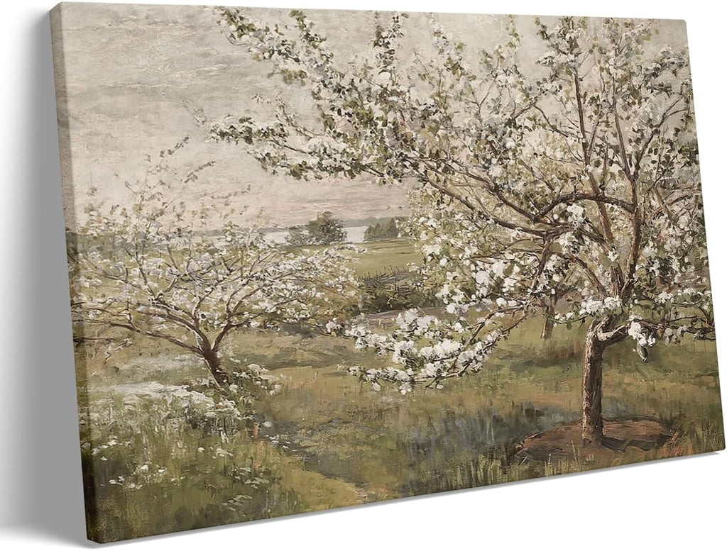 Framed Spring Blooming Tree Painting Posters Vintage European Muted Colors Canvas Print Wall Art Full of vitality Easter Spring Wall Decor 24x36 framed