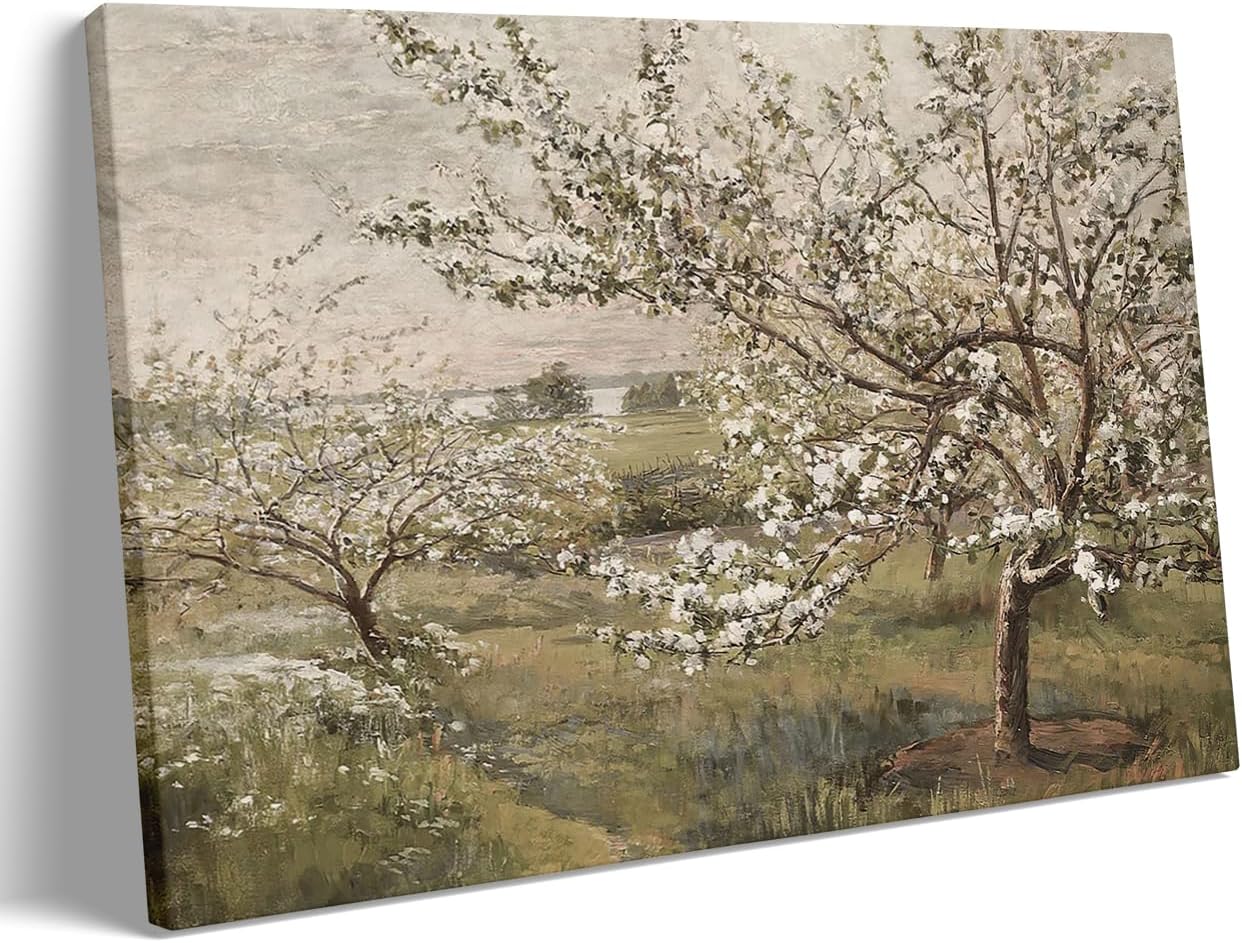 Framed Spring Blooming Tree Painting Posters Vintage European Muted Colors Canvas Print Wall Art Full of vitality Easter Spring Wall Decor 24x36 framed