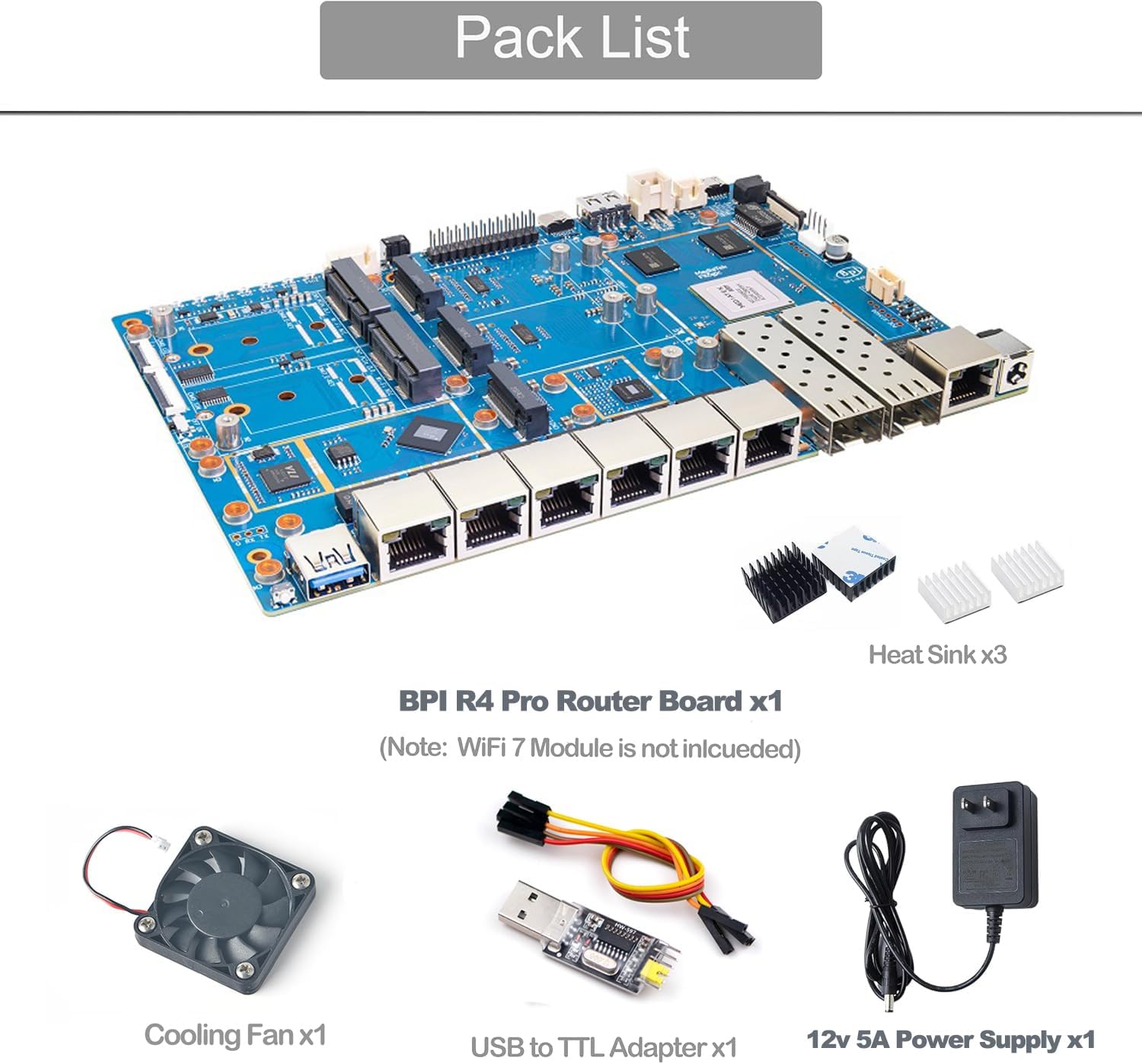 Banana Pi BPI-R4 Pro 8X/4E WiFi 7 Wireless Dual-Band WiFi Router Board OpenWRT, MediaTek MT7988A30K DMIPS SoC - 2X 10GbE SFP&RJ45, 4X 2.5GbE LAN for NAS Smart Home Gateway (Bundle1, 4E)