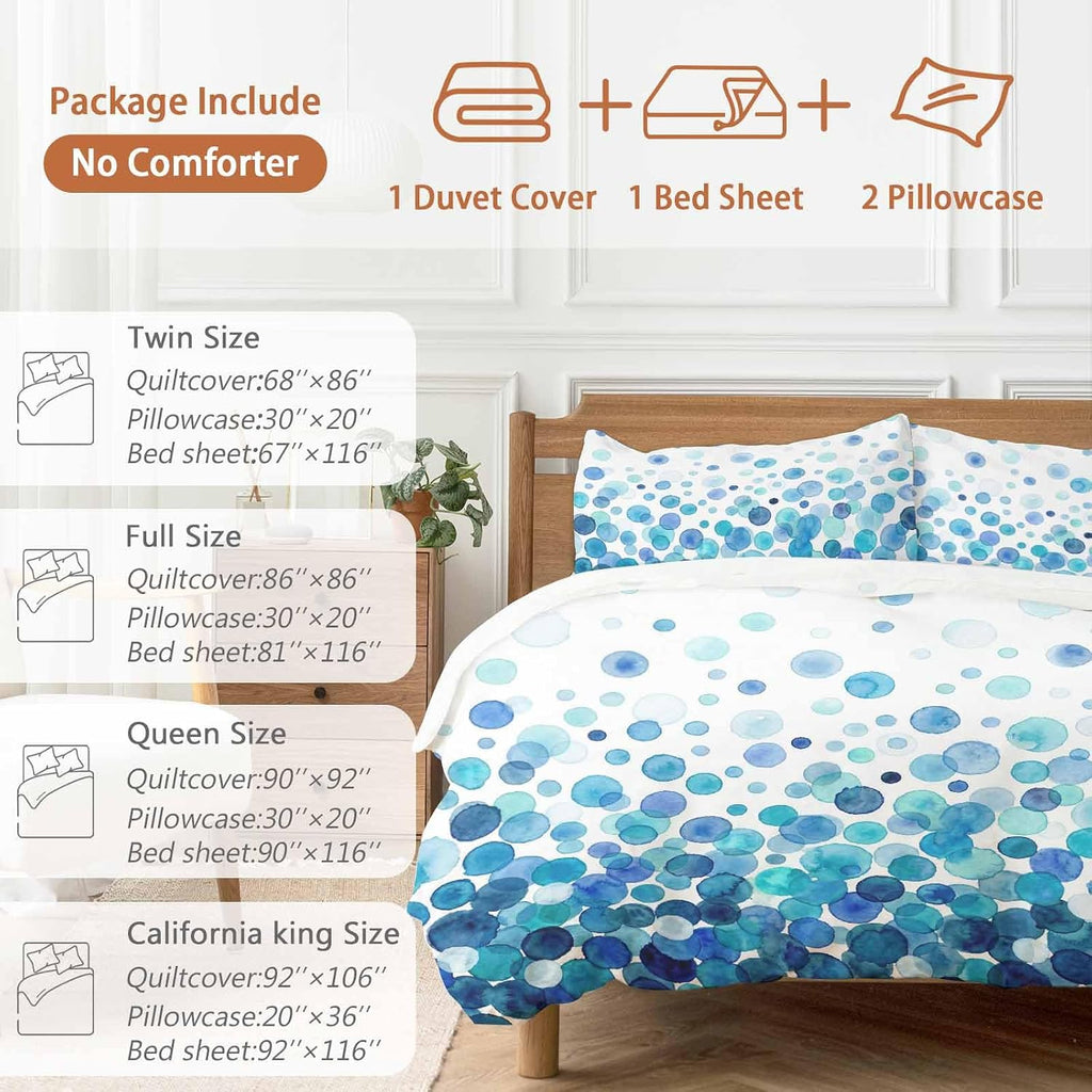 Prime Leader Blue Polka Dots Duvet Cover Set Queen Size 4 Pieces Watercolor Abstract Art Gradients Bedding Set with Zipper Closure, 1 Comforter Cover 90x92 Inches 1 Flat Sheet & 2 Pillow Cases