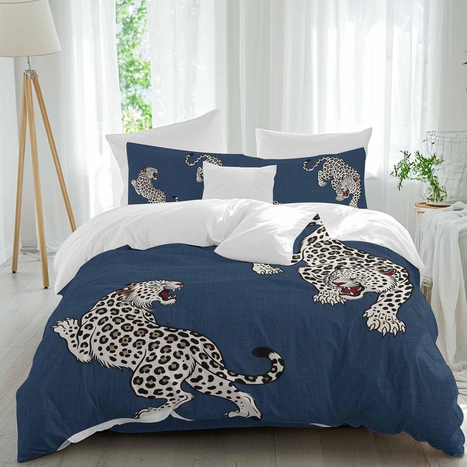 Navy Blue Leopard Duvet Cover Set Queen Size 4 Pieces Modern Style Wild Animal Rustic Linen Texture Bedding Set with Zipper Closure, 1 Comforter Cover 90x92 Inches 1 Flat Sheet & 2 Pillow Cases