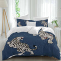 Navy Blue Leopard Duvet Cover Set Queen Size 4 Pieces Modern Style Wild Animal Rustic Linen Texture Bedding Set with Zipper Closure, 1 Comforter Cover 92x106 Inches 1 Flat Sheet & 2 Pillow Cases