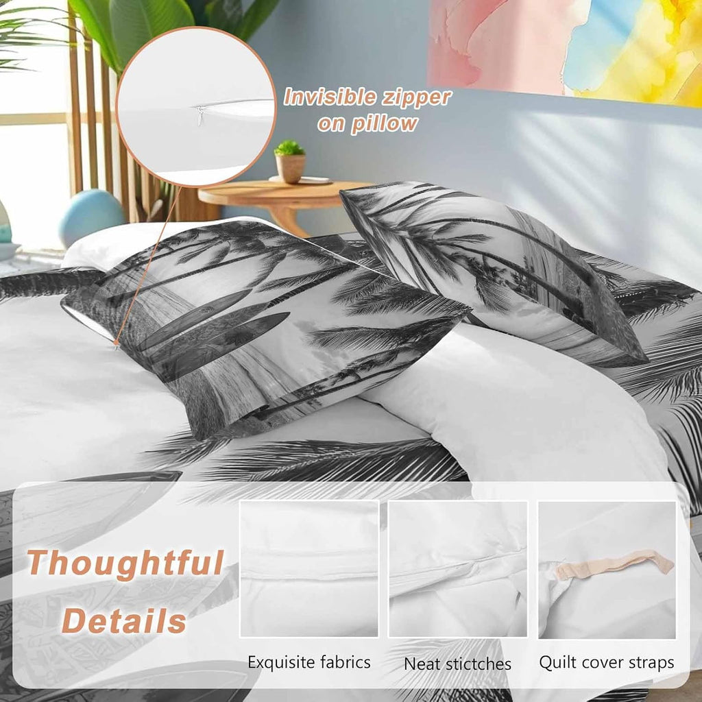 Summer Beach Surf Duvet Cover Set Queen Size 4 Pieces Palm Trees Black And White Surfboard Seaside Bedding Set with Zipper Closure, 1 Comforter Cover 90x92 Inches 1 Flat Sheet & 2 Pillow Cases