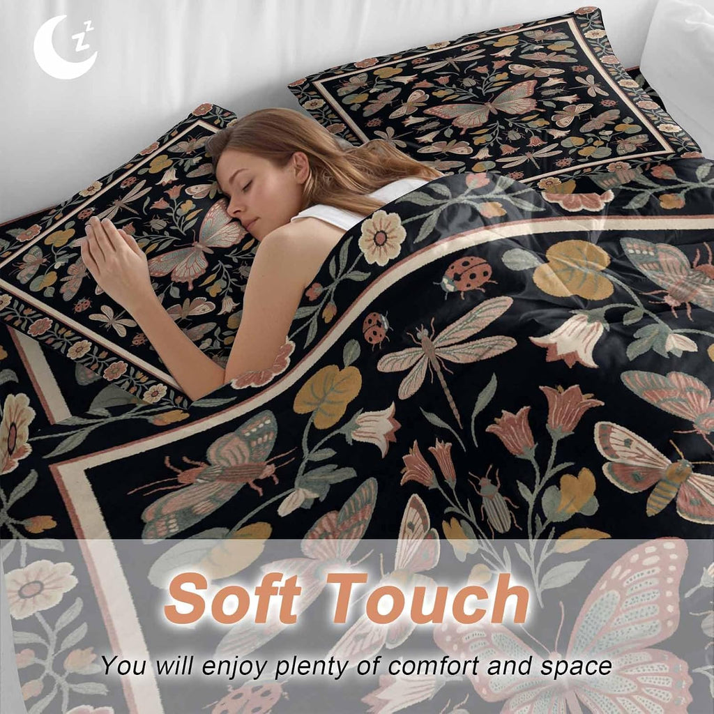 Retro Theme Duvet Cover Set Queen Size 4 Pieces Butterfly Dragonfly Plants Flowers Leaves Black Bedding Set with Zipper Closure, 1 Comforter Cover 90x92 Inches 1 Flat Sheet & 2 Pillow Cases