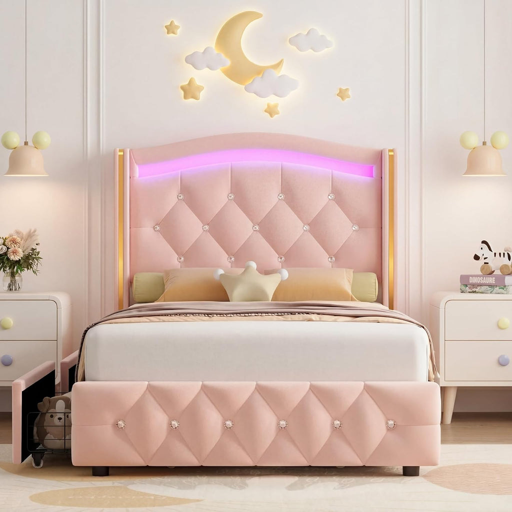 HIFIT Upholstered Twin LED Bed Frame with Crystal Button-Tufted Headboard and 4 Storage Drawers, Velvet Princess Twin Size Platform Bed Frames for Kids/Girls, No Box Spring Needed, Easy Assembly, Pink