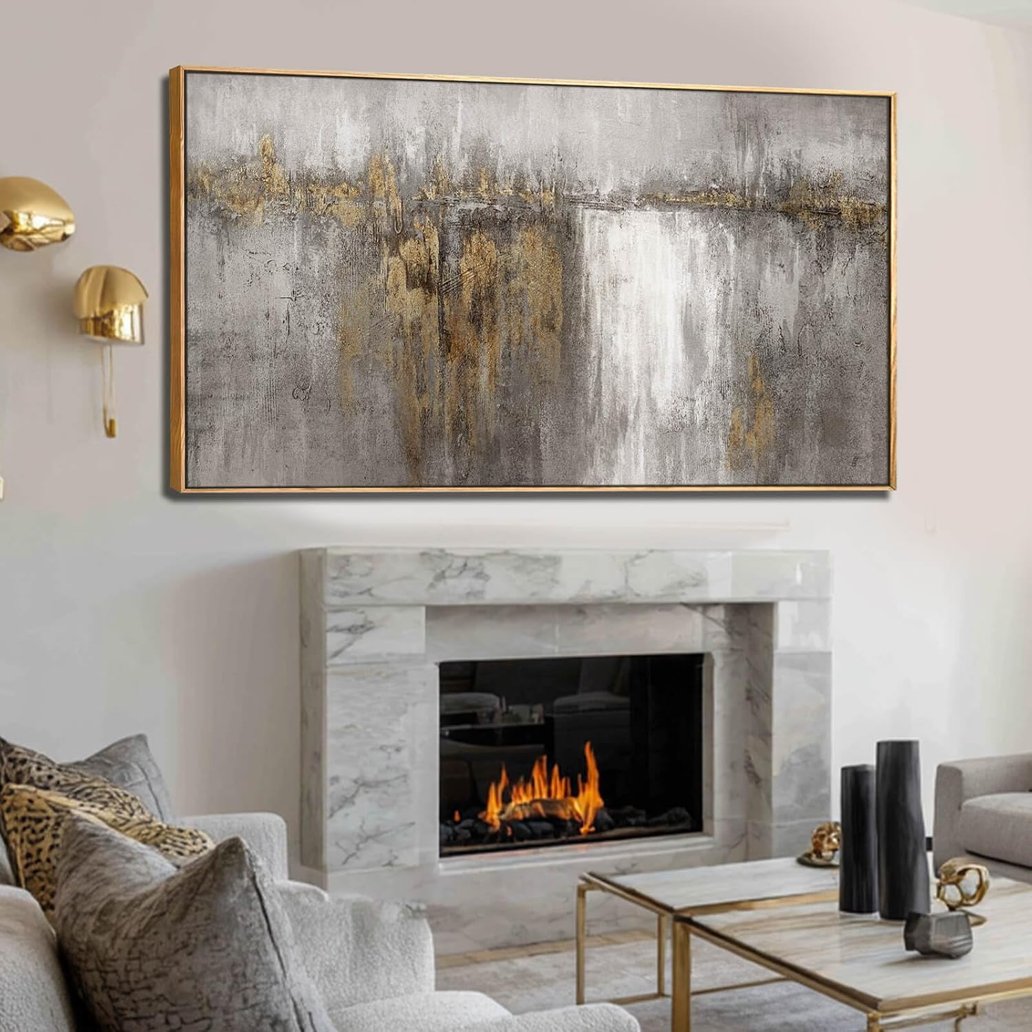 Neutral Canvas Arts Gold Wall Art Decor Framed Abstract Pictures Grey Prints Artwork for Living Room Bedroom Dining Room Home Office Decor 29'x58'
