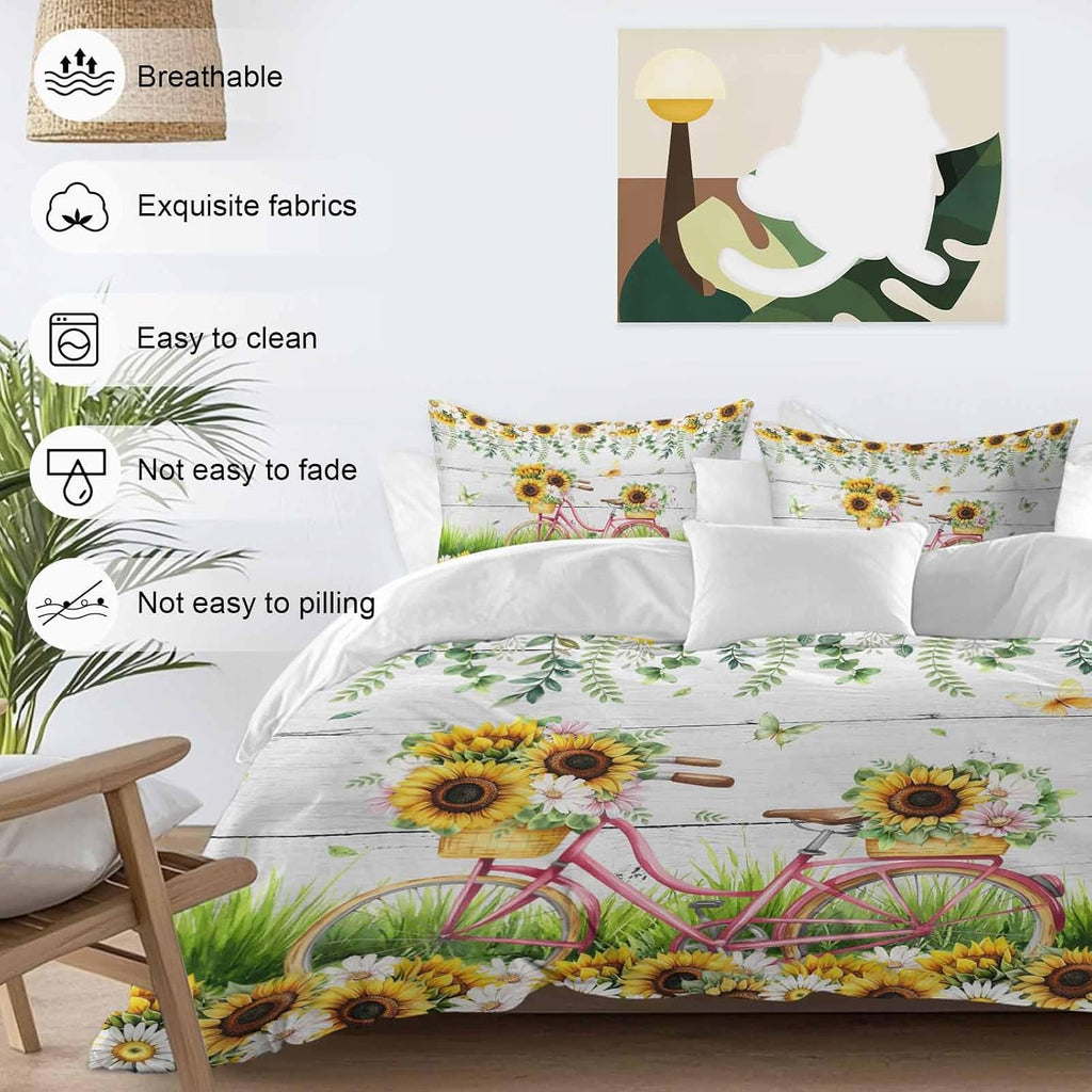 Spring Floral Duvet Cover Set Queen Size 4 Pieces Sunflower Daisy Bike Eucalyptus Leaves Grey Wood Bedding Set with Zipper Closure, 1 Comforter Cover 90x92 Inches 1 Flat Sheet & 2 Pillow Cases