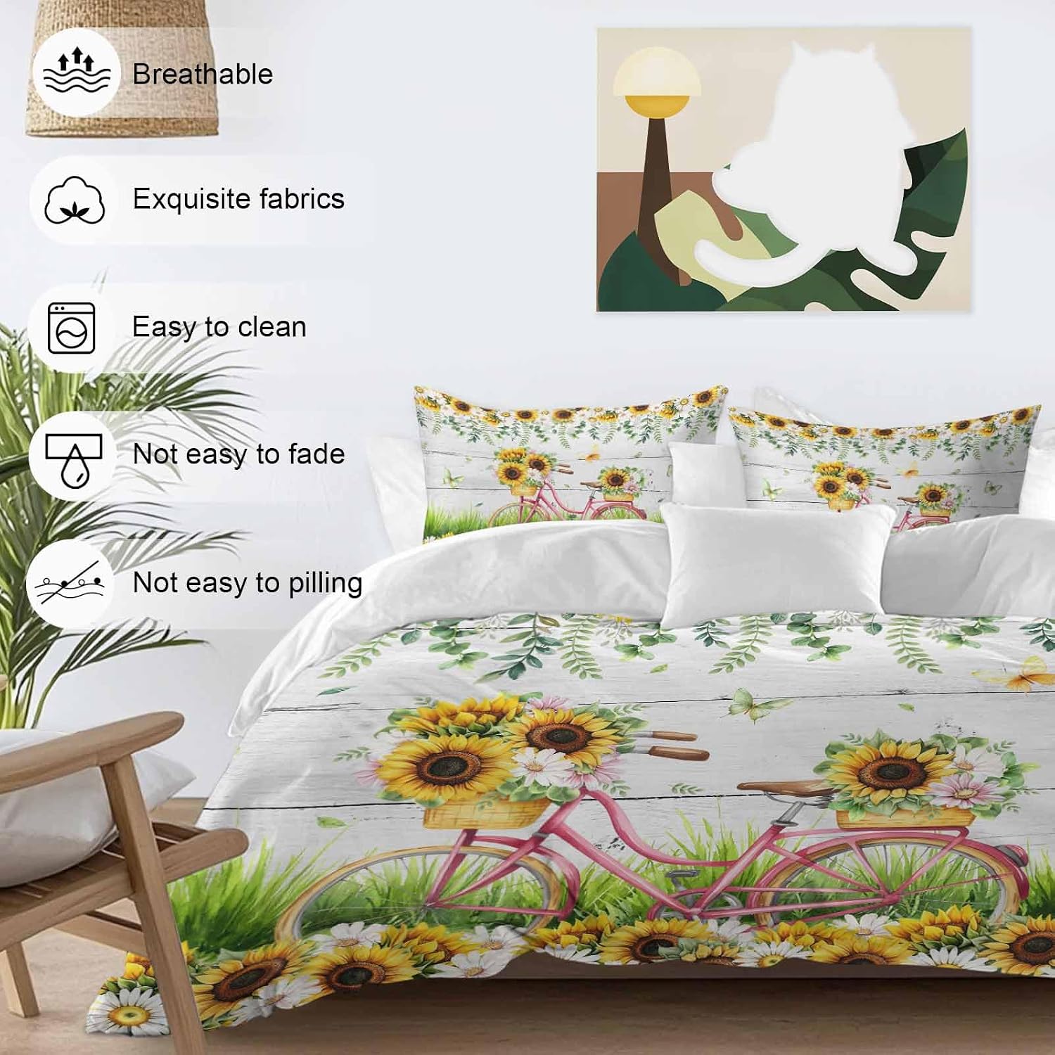 Spring Floral Duvet Cover Set Queen Size 4 Pieces Sunflower Daisy Bike Eucalyptus Leaves Grey Wood Bedding Set with Zipper Closure, 1 Comforter Cover 90x92 Inches 1 Flat Sheet & 2 Pillow Cases