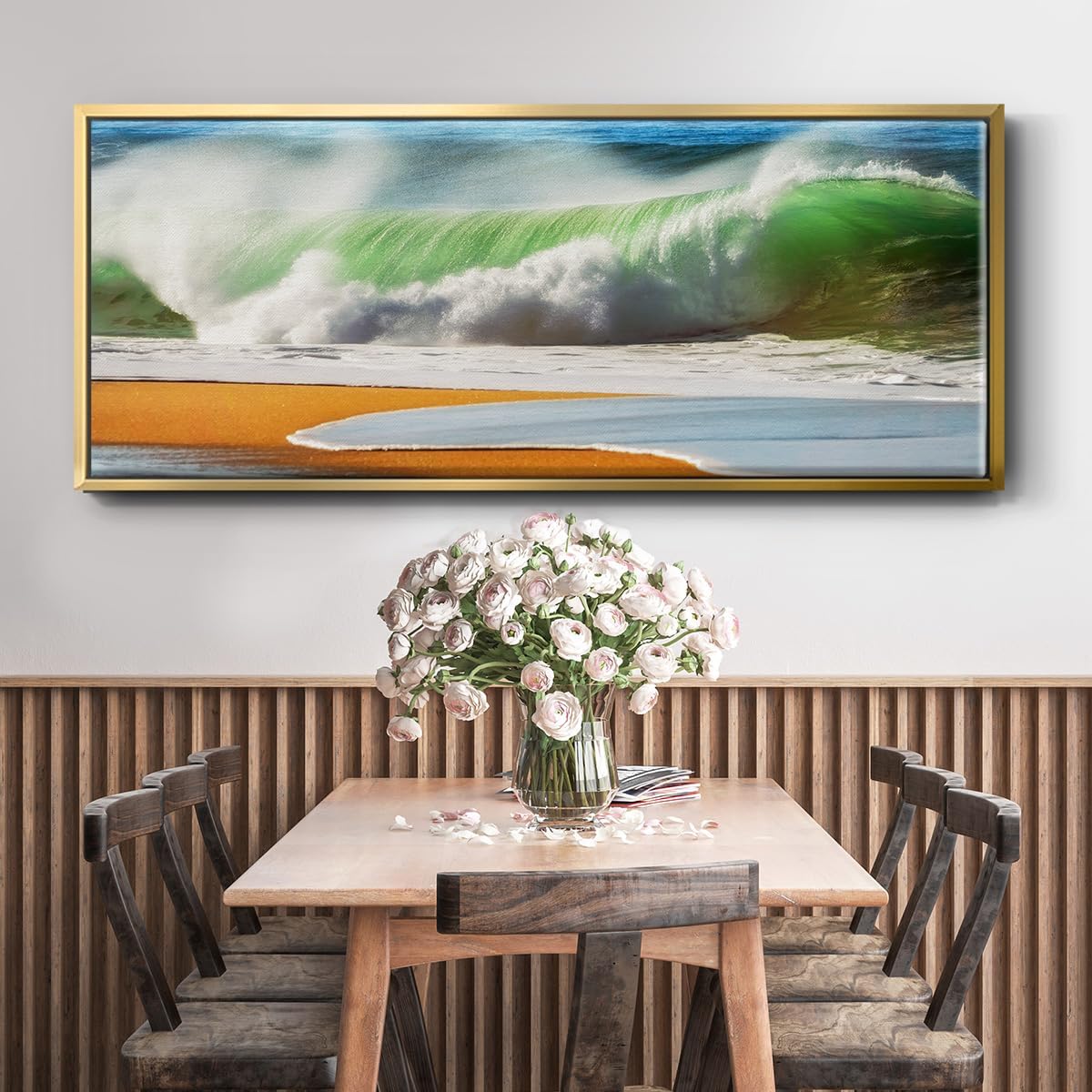 Renditions Gallery Floater Framed Home Decor Green Ocean Waves Painting Canvas Wall Hangings for Office Bedroom Kitchen Lobby - 24'x60' Gold Frame LT618