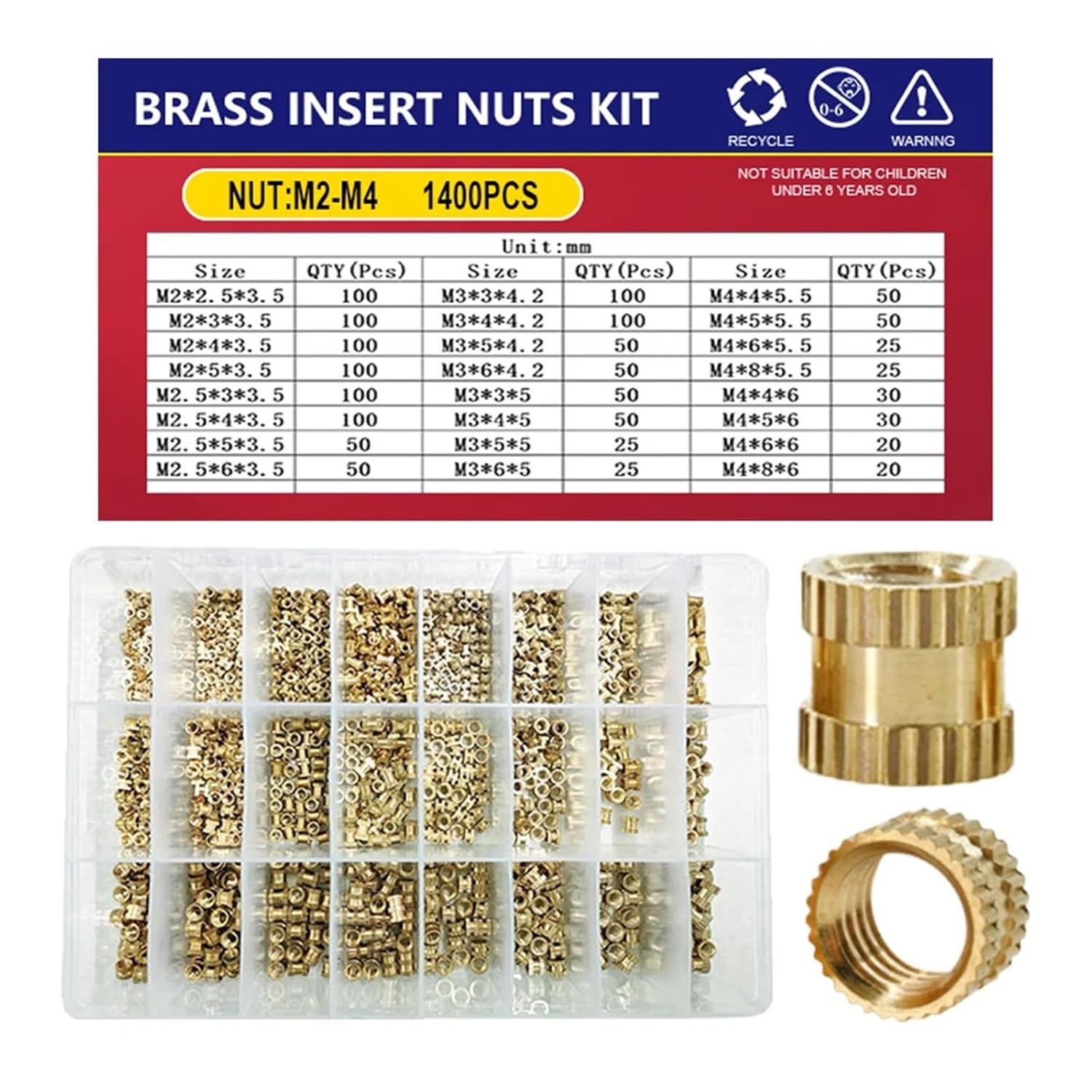 Brass Insert Nut M2 M2.5 M3 M4 M5 M6 All Size 1400 Brass Insert Nut Assortment Kit Hot Melt Knurled Thread Injection Nut Inserts for 3D Printing(M2-M4(1150pcs))