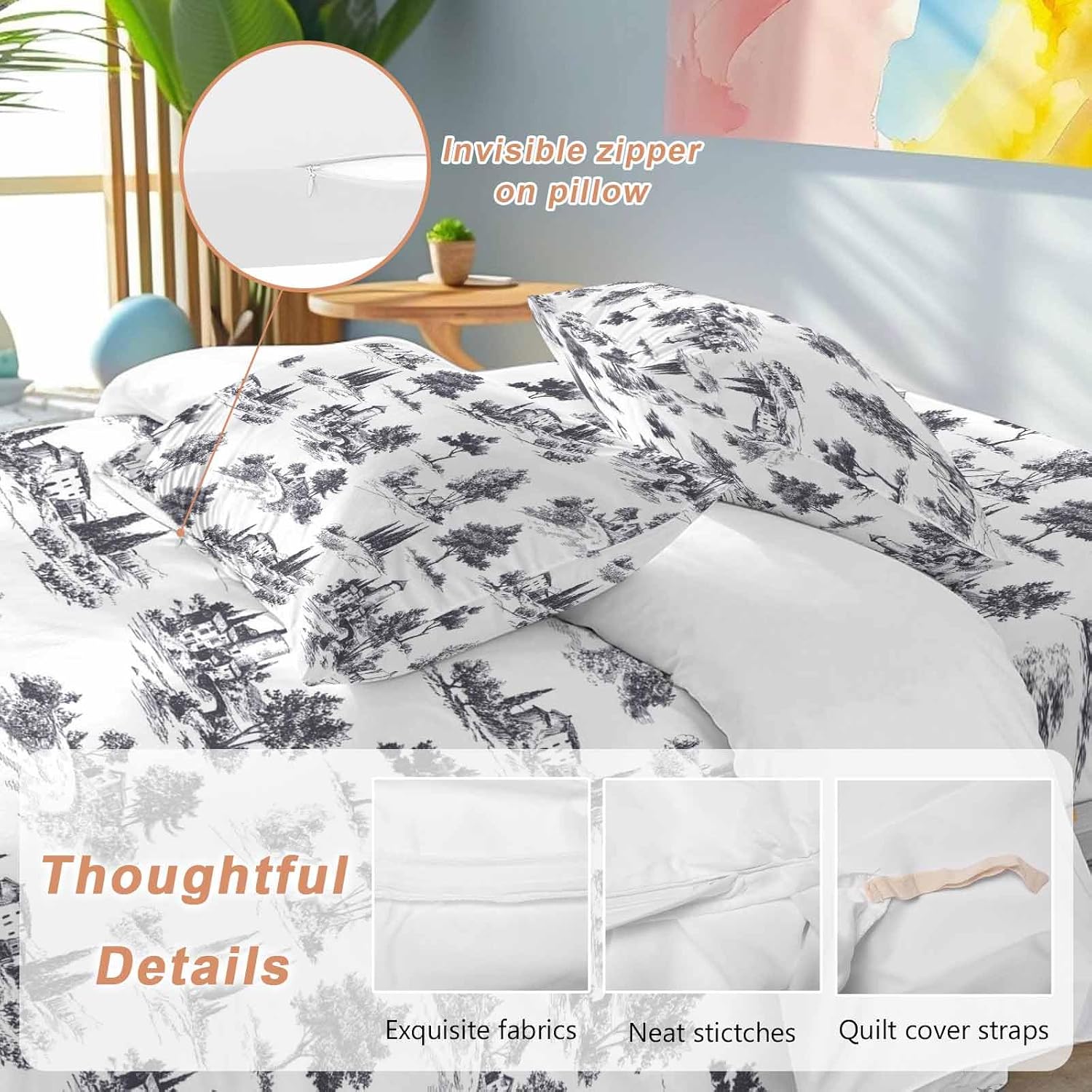 Farmhouses Plants Duvet Cover Set Queen Size 4 Pieces Mystic Castle Rustic Abstract Tree Retro Bedding Set with Zipper Closure, 1 Comforter Cover 90x92 Inches 1 Flat Sheet & 2 Pillow Cases