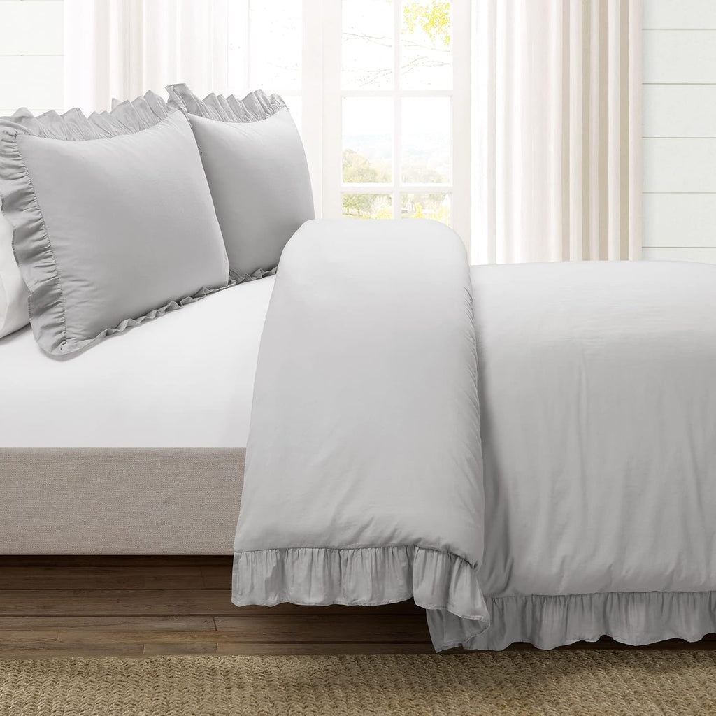 Lush Decor Reyna Ruffle Cotton Duvet Cover Set 3 Piece Set King, Light Gray - King Size Bedding Set - Gray Duvet King- Ruffled Bedding - Coquette Decor