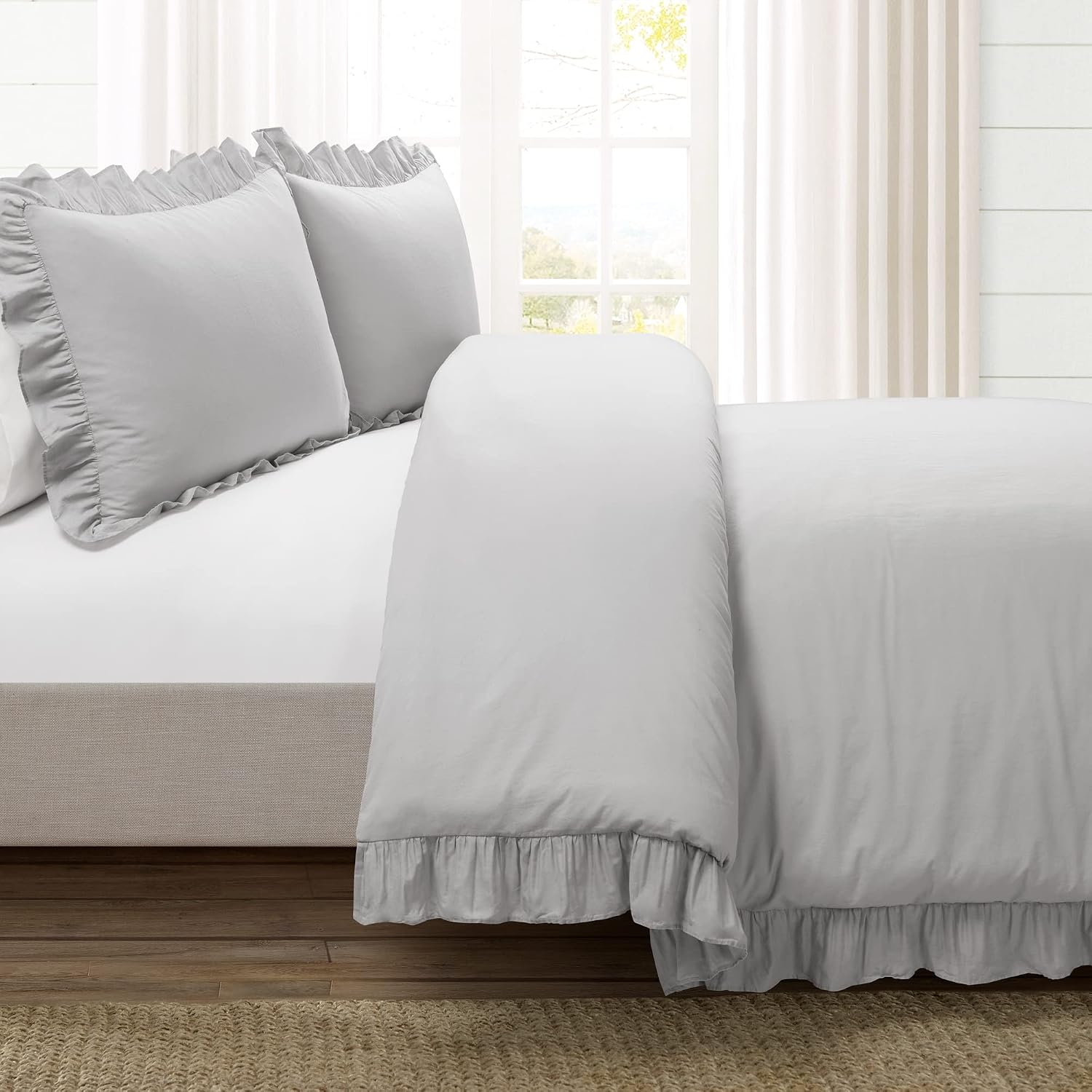 Lush Decor Reyna Ruffle Cotton Duvet Cover Set 3 Piece Set King, Light Gray - King Size Bedding Set - Gray Duvet King- Ruffled Bedding - Coquette Decor