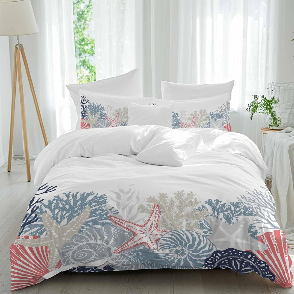 Summer Marine Life Duvet Cover Set Queen Size 4 Pieces Ocean Coral Coastal Starfish Blue Conch Bedding Set with Zipper Closure, 1 Comforter Cover 86x86 Inches 1 Flat Sheet & 2 Pillow Cases