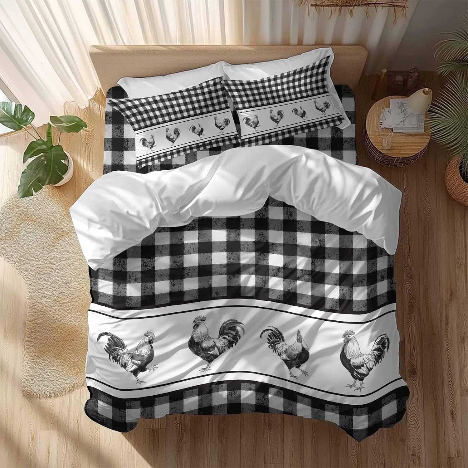 Prime Leader Vintage Black Plaid Duvet Cover Set Queen Size 4 Pieces Farm Cock Chicken Animal Watercolor Bedding Set with Zipper Closure, 1 Comforter Cover 90x92 Inches 1 Flat Sheet & 2 Pillow Cases