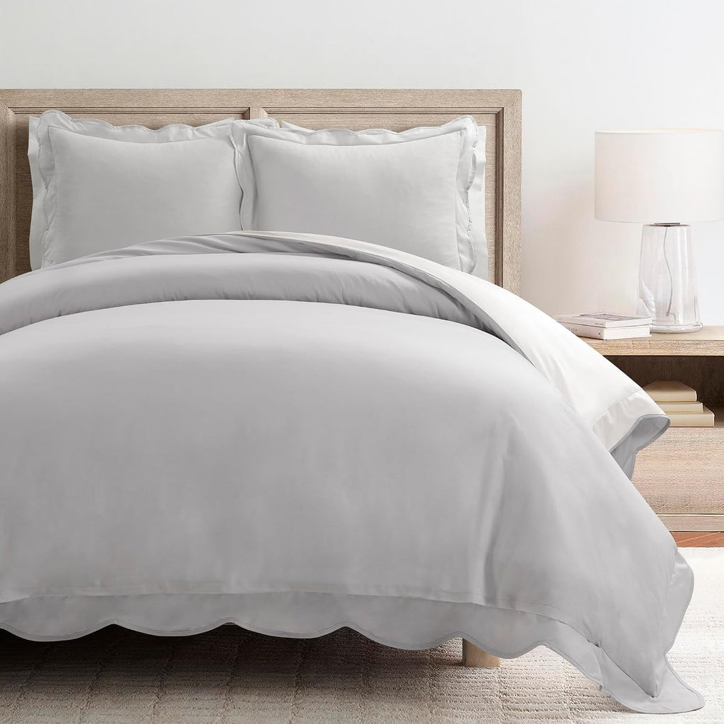Lush Decor Coastal Chic Scalloped Edge Cotton Duvet Cover Set, 3 Piece Set, Full/Queen, Gray & White - Queen Bedding Set - White Duvet Cover Queen - Coastal Decor