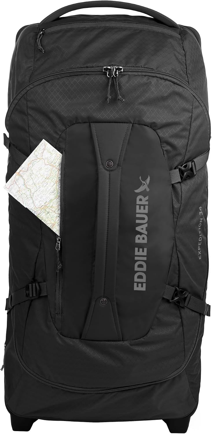 Eddie Bauer Expedition Rolling Duffel Bag with Wheels | Travel | Check-In | Luggage | Rugged | Durable - Black, 34'