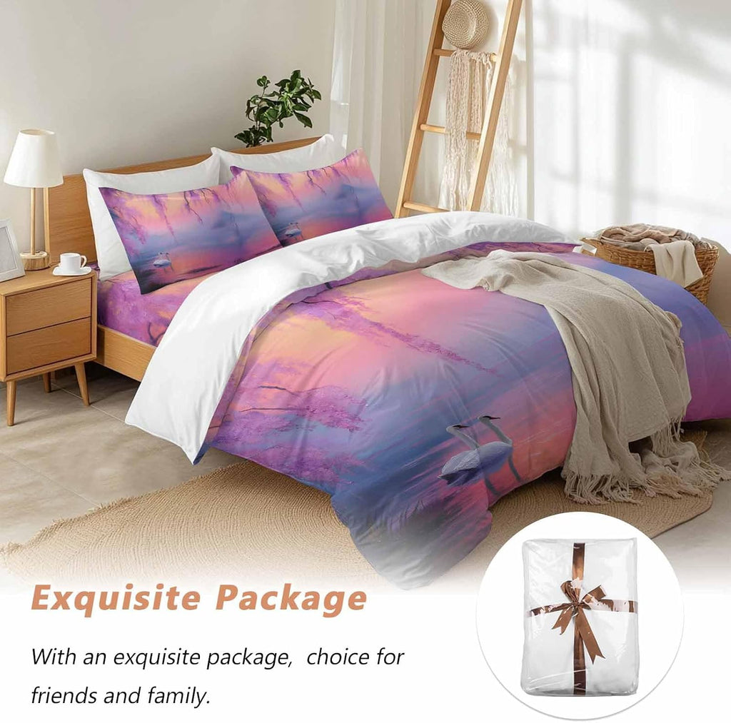 Swan Duvet Cover Set Queen Size 4 Pieces Oil Painting Spring Wisteria Gradient Pink Blue Lake Bedding Set with Zipper Closure, 1 Comforter Cover 86x86 Inches 1 Flat Sheet & 2 Pillow Cases