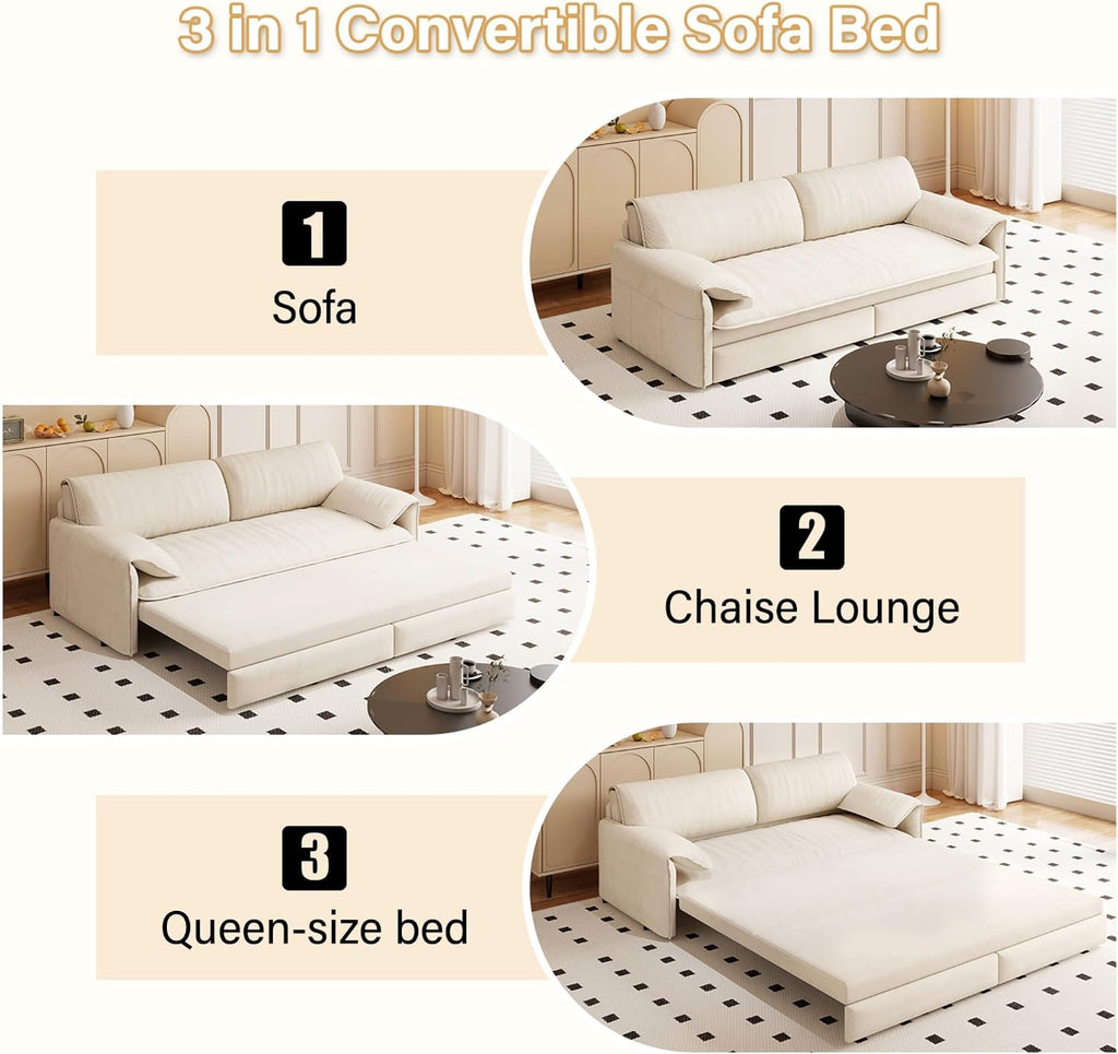 WILLIAMSPACE 66' Queen Pull Out Sofa Bed, 3-in-1 Velvet Convertible Sleeper Sofa Couch with Side Storage, Multi-Functional Loveseat Bed Pull Out Couch for Living Room, Apartment (Beige)